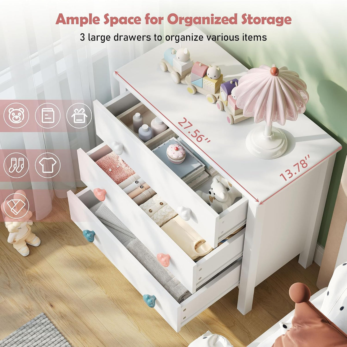 White dresser with three open drawers showing storage capacity and 27.56-inch tabletop measurement