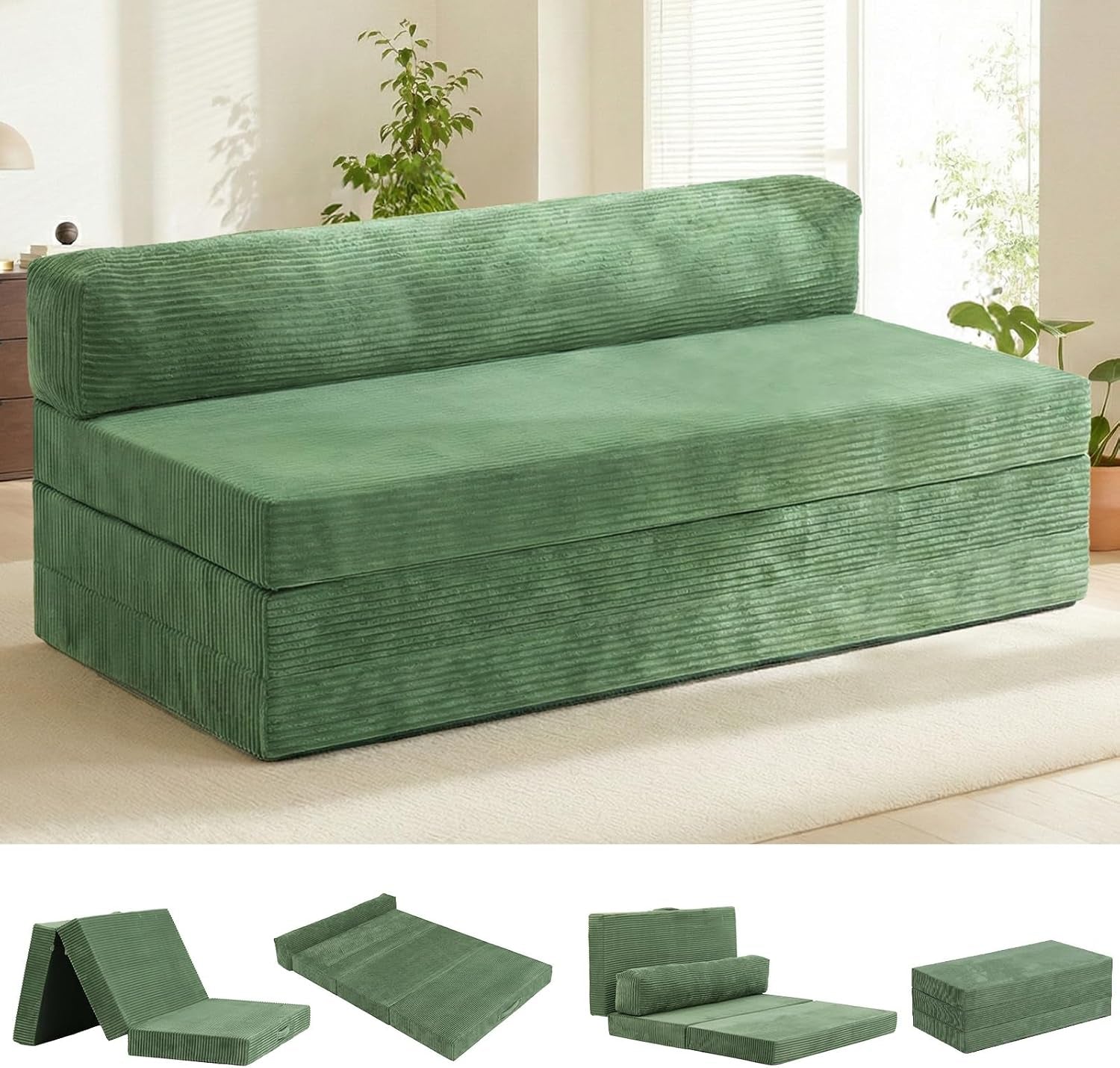 Front view of a green corduroy foldable futon sofa with ribbed texture and a bolster-style back cushion.