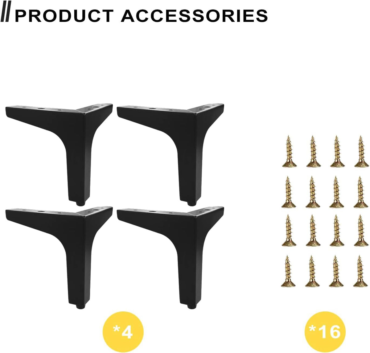Four black V-shaped metal legs arranged in two rows beside a grid of gold screws on white background