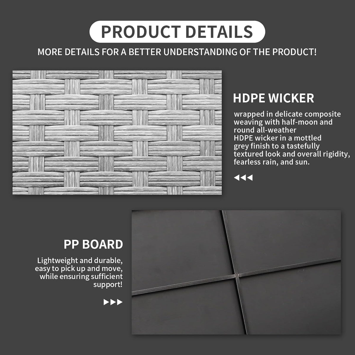 Two material close-ups: a mottled grey woven HDPE wicker sample above a dark polypropylene support panel.