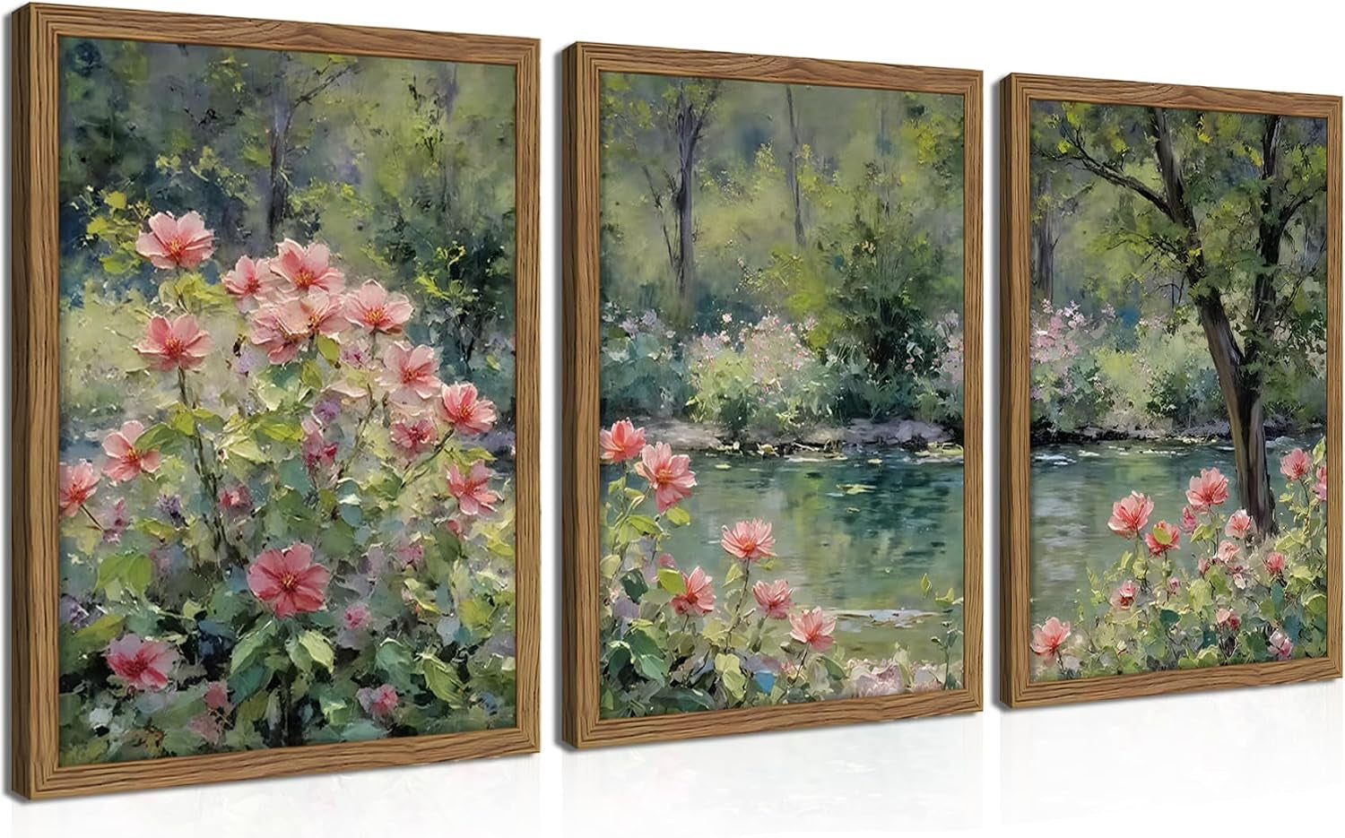 Three wood-framed floral landscape canvases shown side-by-side at a slight angle against a white background.