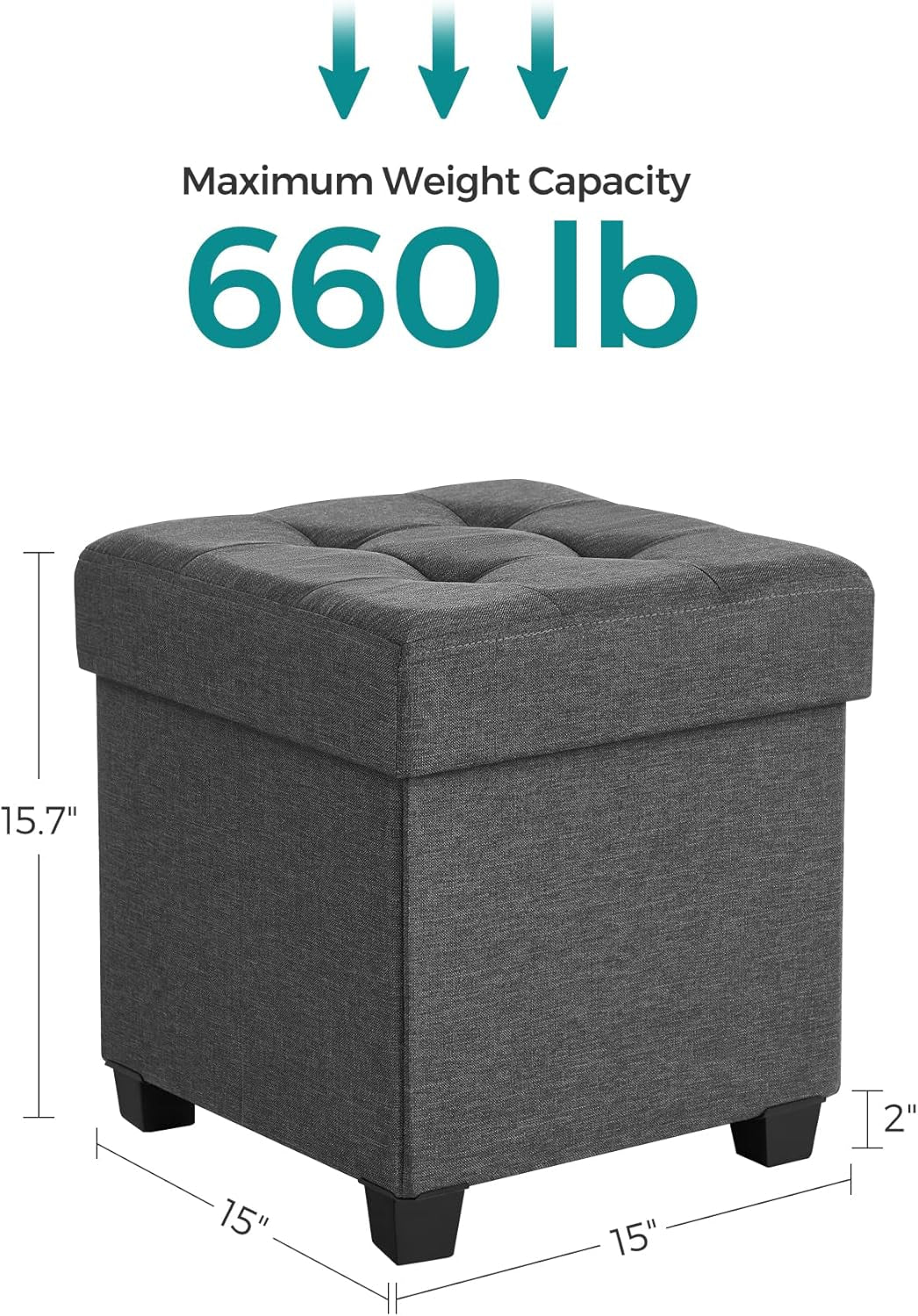 Tufted ottoman with dimension and 660 lb capacity callout, front view with measurements