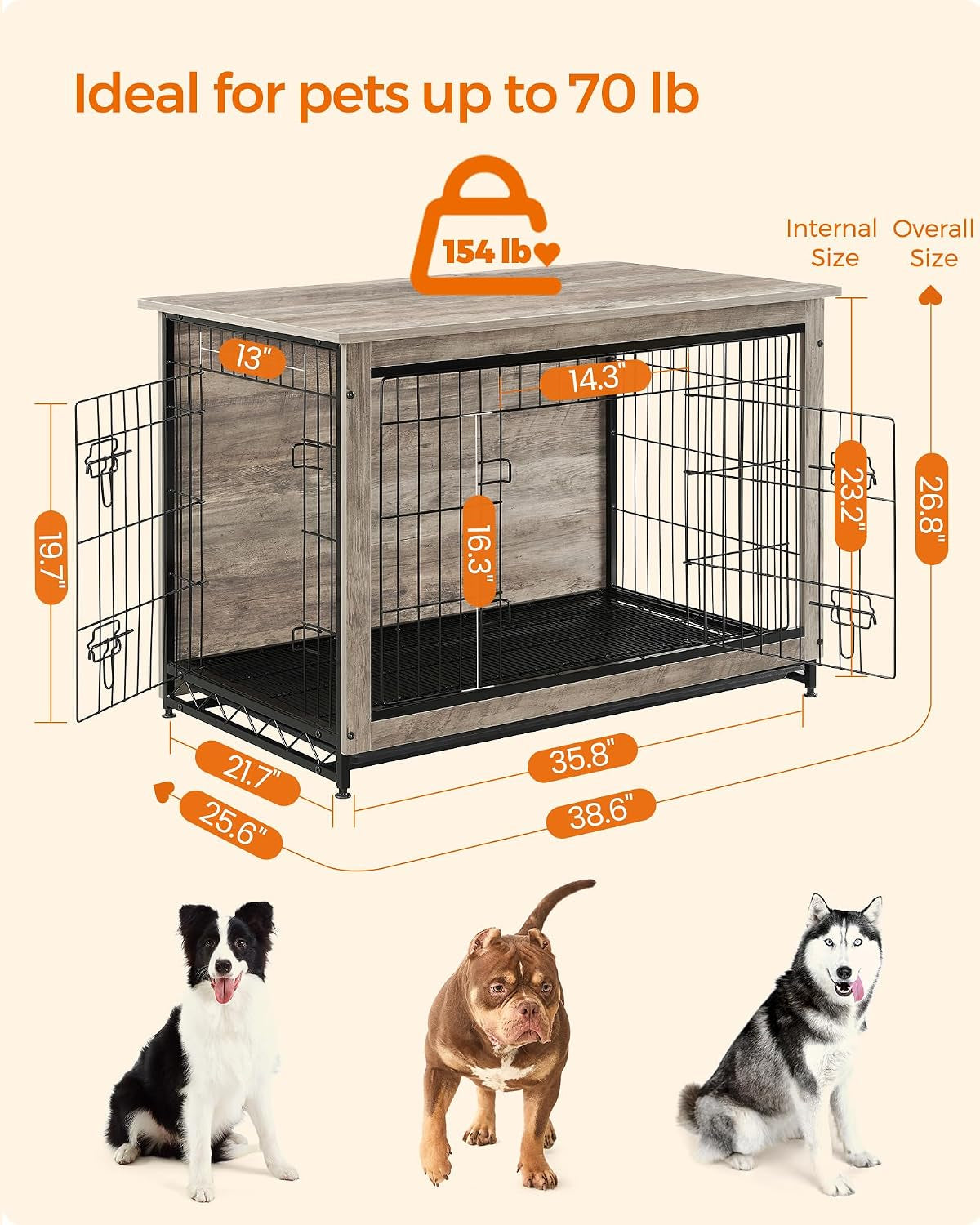 Front view of the wooden-top crate with measurement callouts overlayed and three dogs pictured beneath.