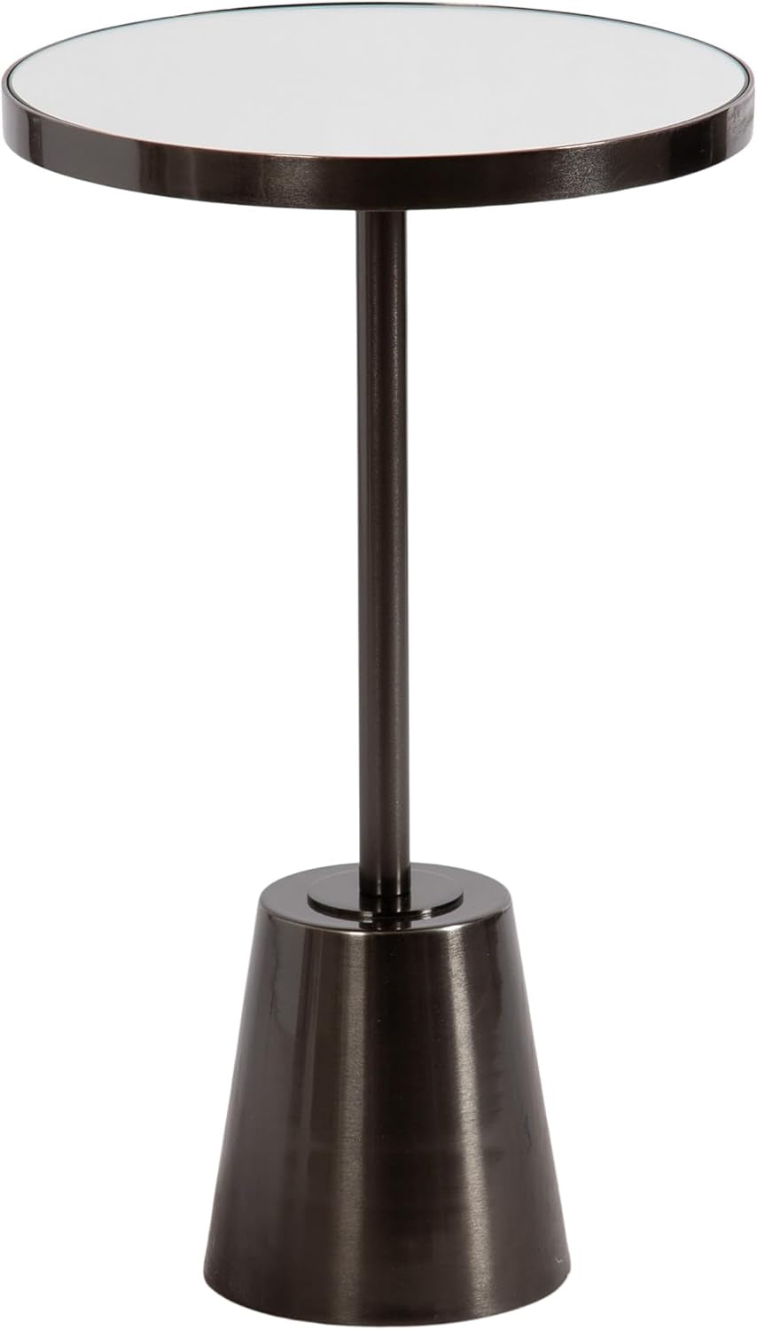 Full front view of the round mirrored side table in a dark metallic finish on a white background.