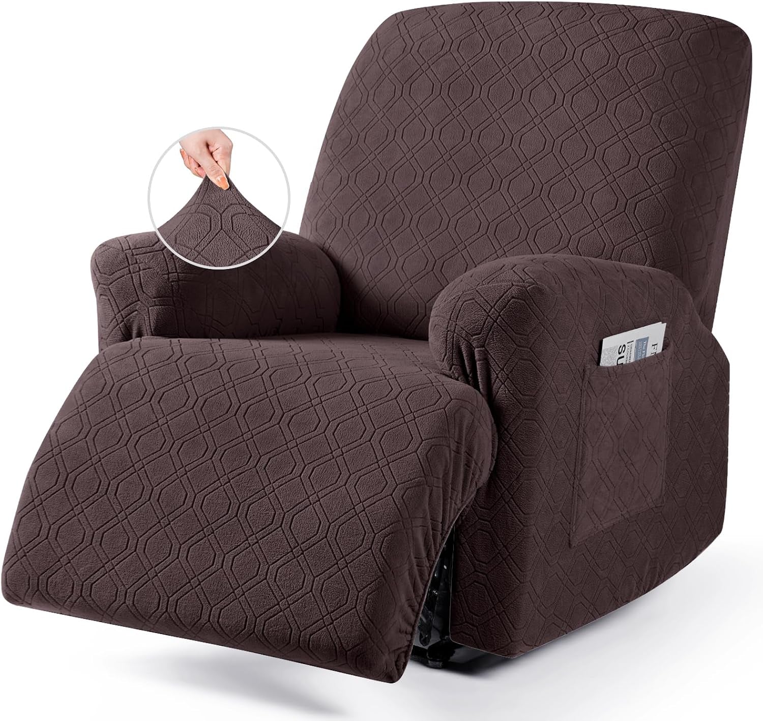 Single recliner in a textured chocolate-brown slipcover showing a stretch sample inset and a side pocket with a paper insert.