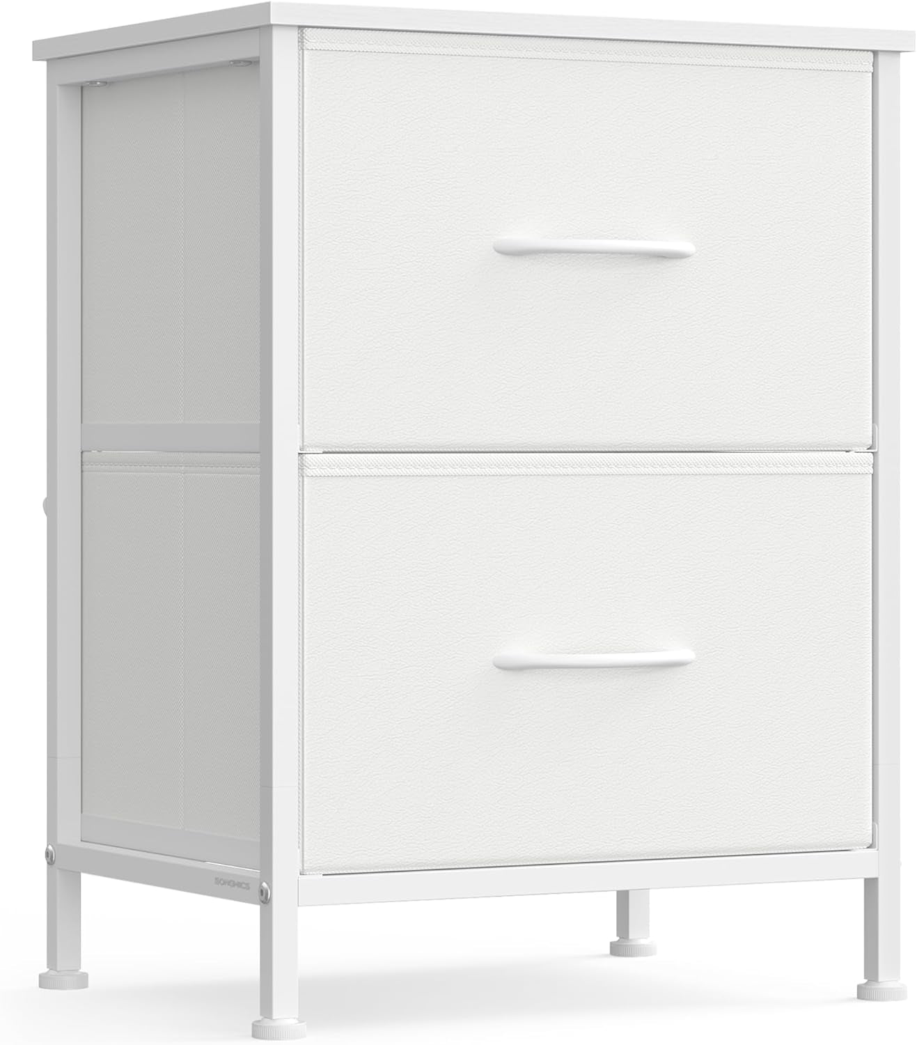White two-drawer bedside chest with matching white frame shown front-right