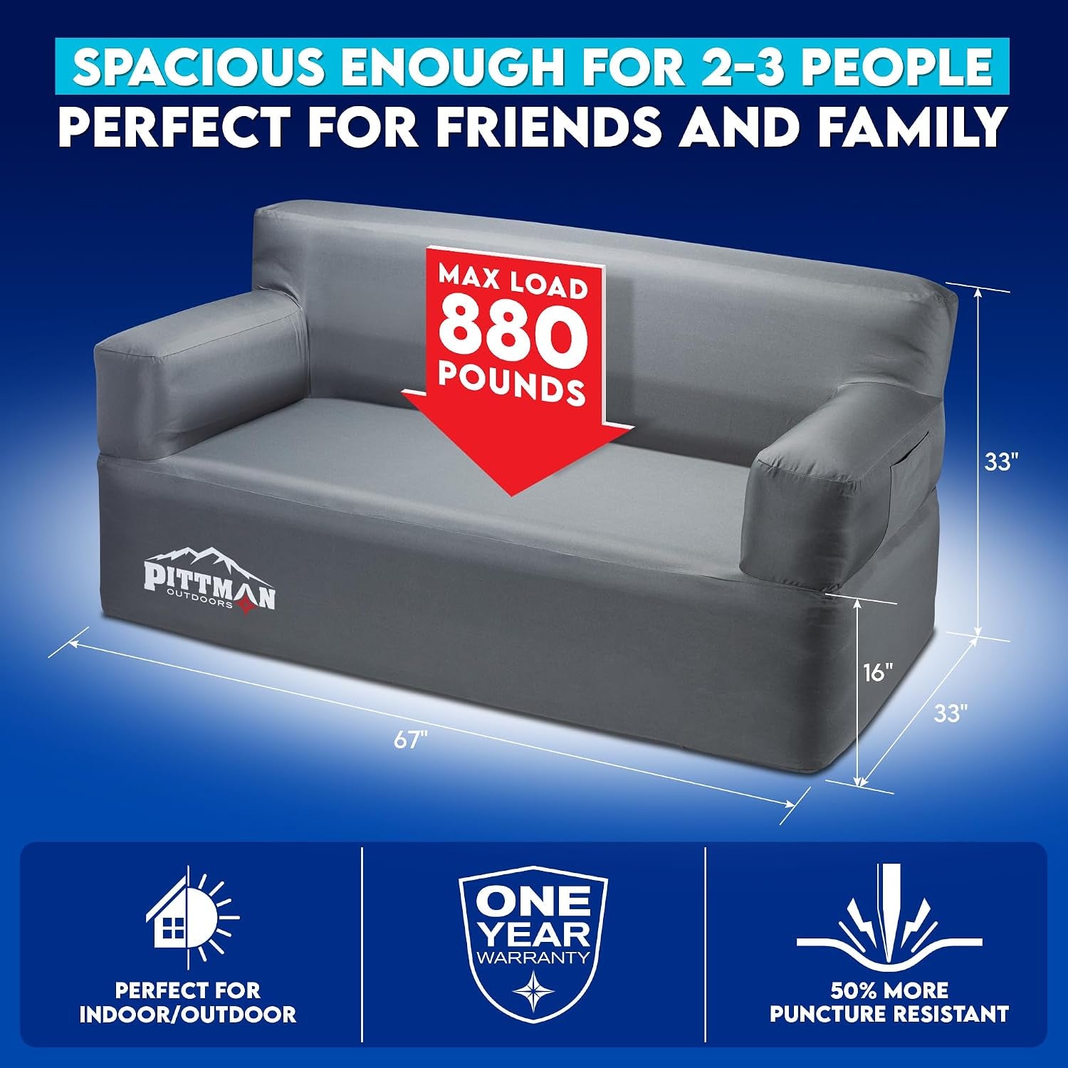 Gray inflatable couch on blue background with dimensions overlay and a large weight callout