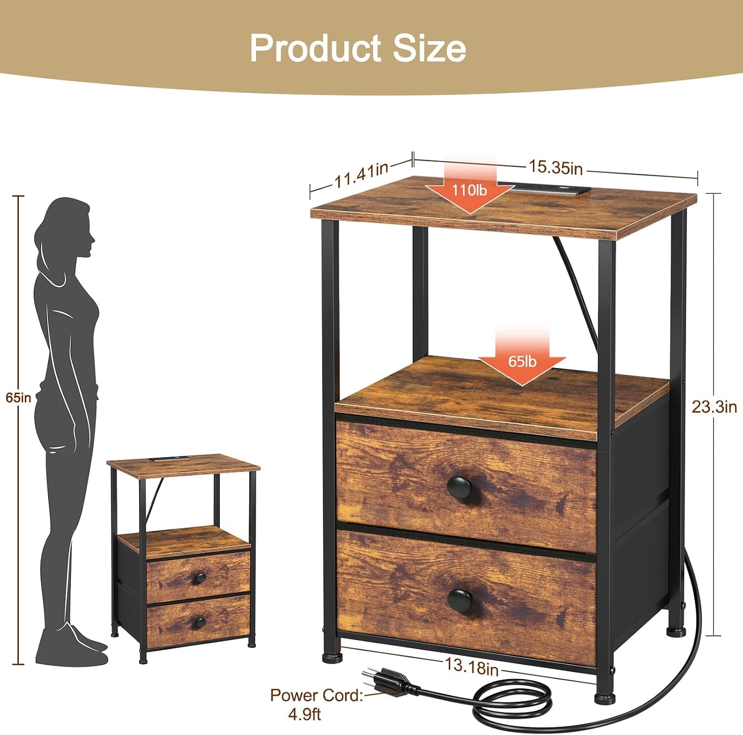 Diagram of nightstand dimensions and weight capacity callouts with 4.9 ft power cord visible