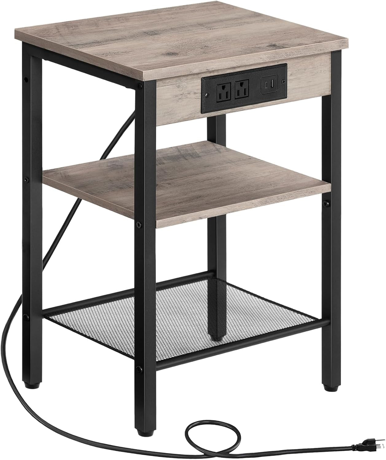 Full view of the side table with two shelves, mesh bottom shelf and visible power cord on white background