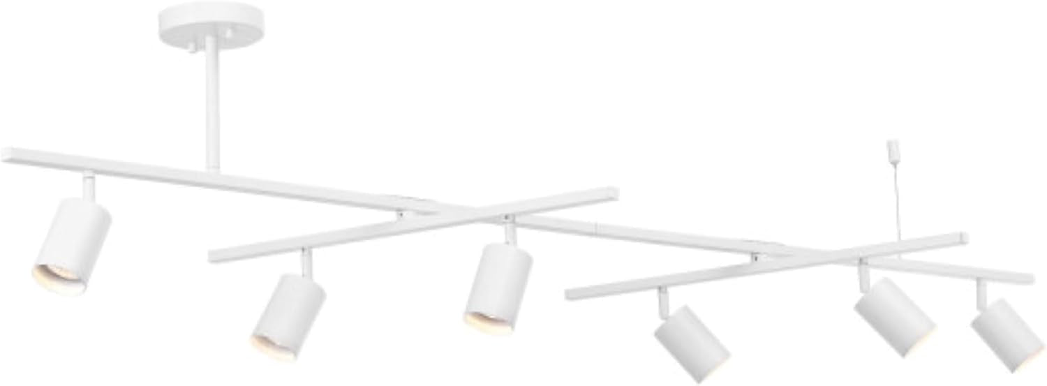 White linear track fixture with six angled cylindrical heads on intersecting bars.