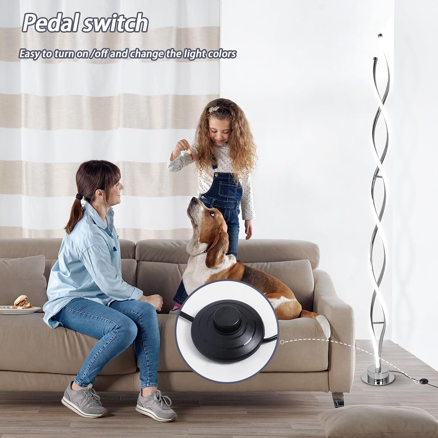 Spiral floor lamp shown with a pedal switch close-up and a family scene on a sofa in the background