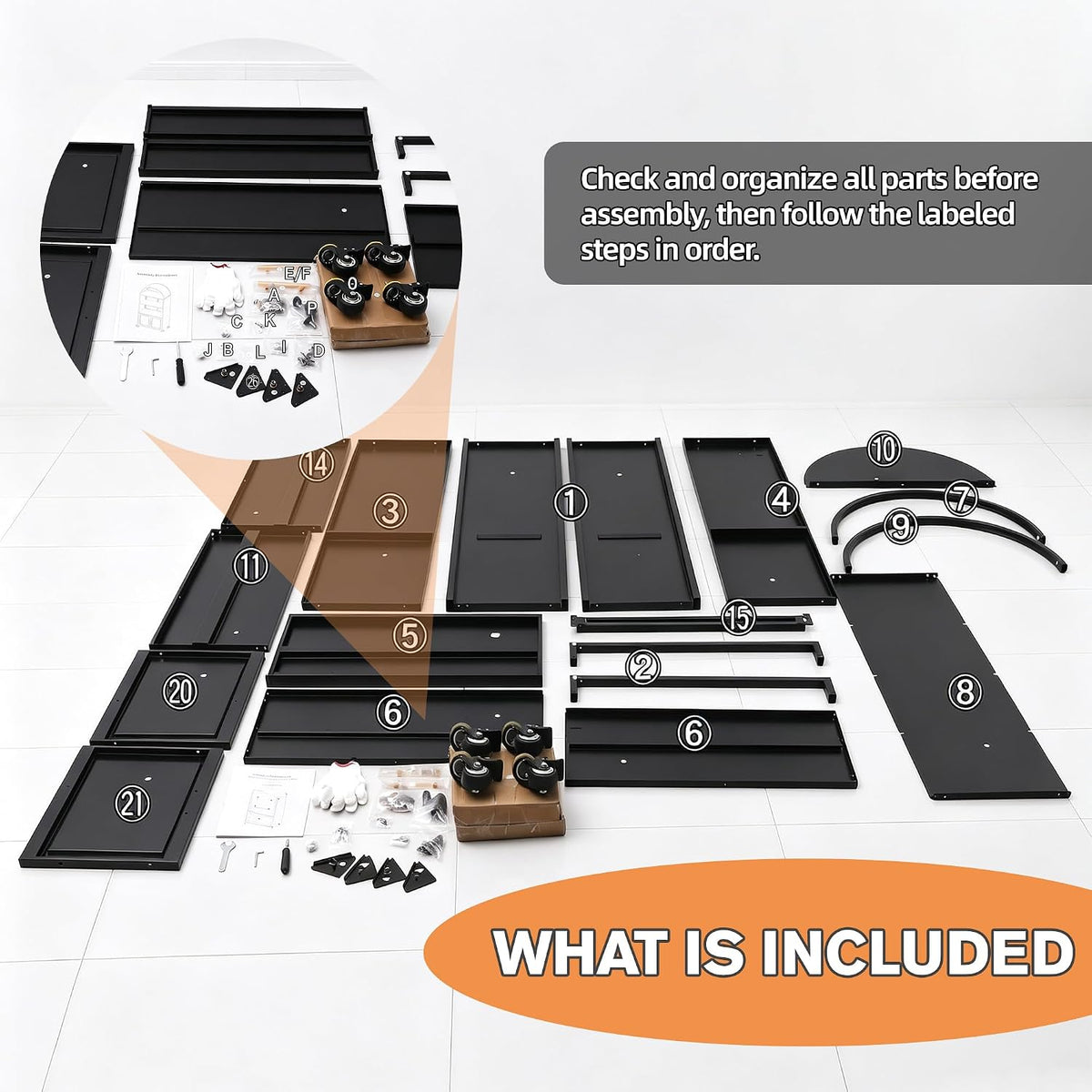 All disassembled metal panels, brackets, hardware and four casters neatly laid out and labeled on a white floor