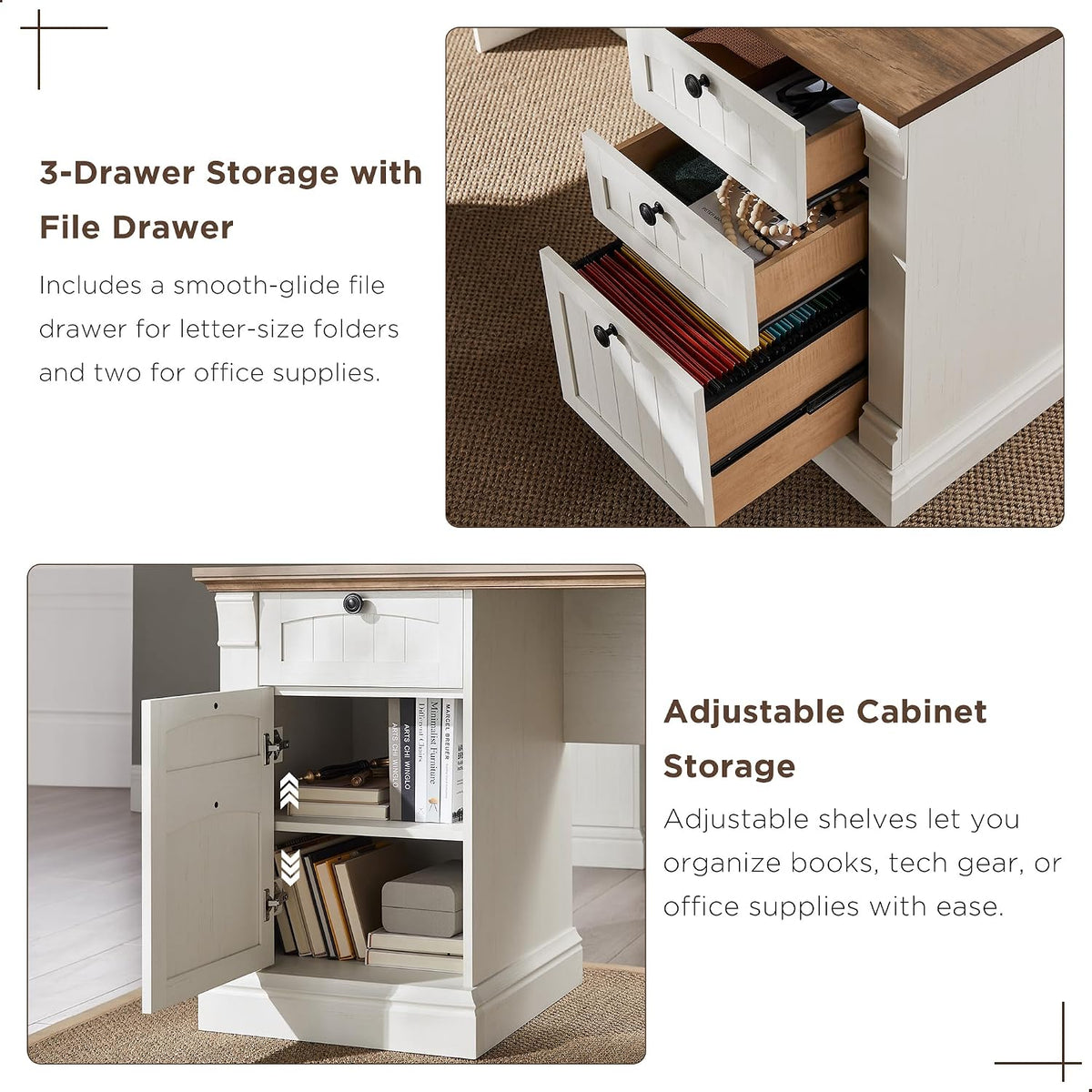 Close-up of pedestal storage showing three drawers, a file drawer and an adjustable cabinet shelf in antique white finish