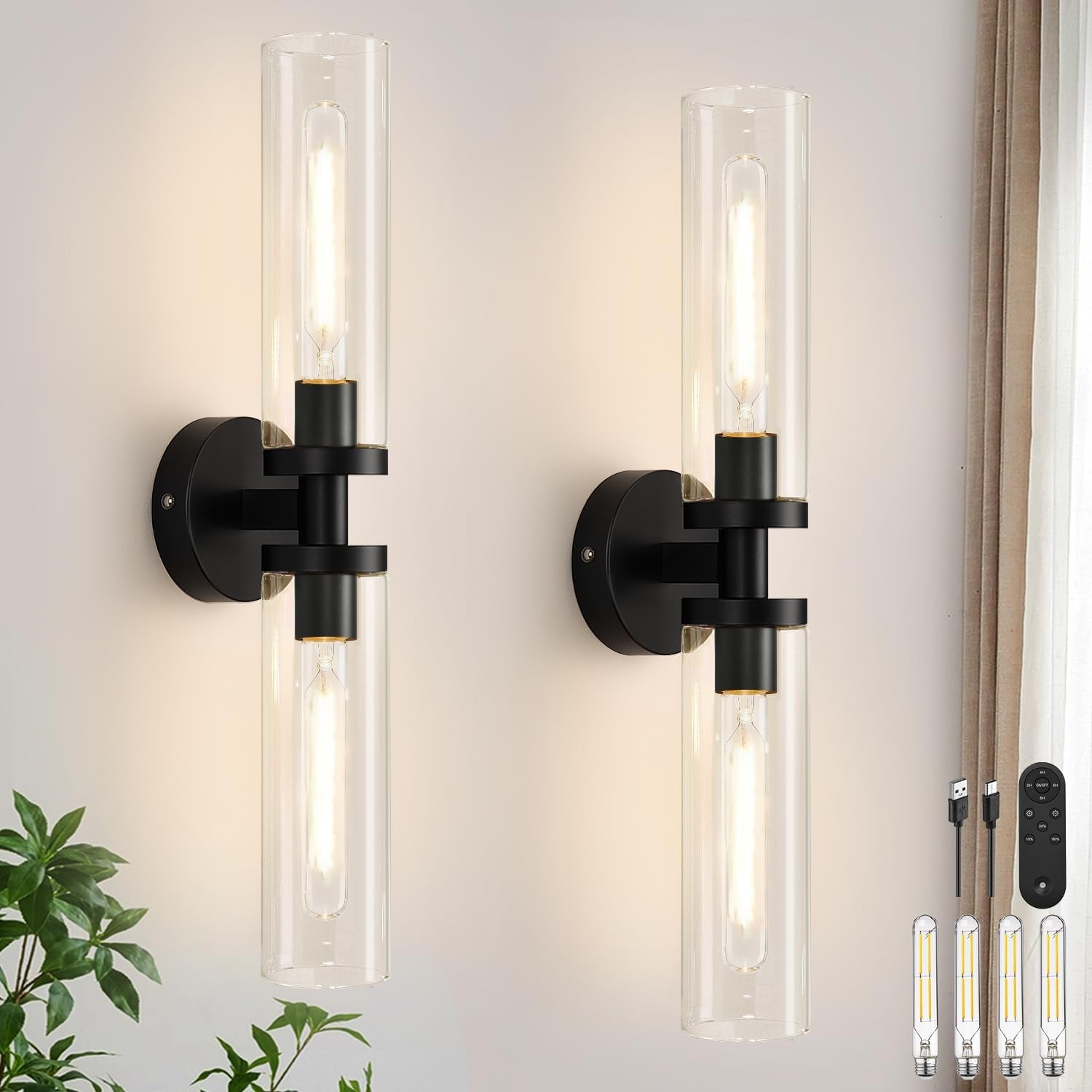 Pair of vertical black wall sconces with clear glass tubes showing filament bulbs; remote and bulbs pictured.