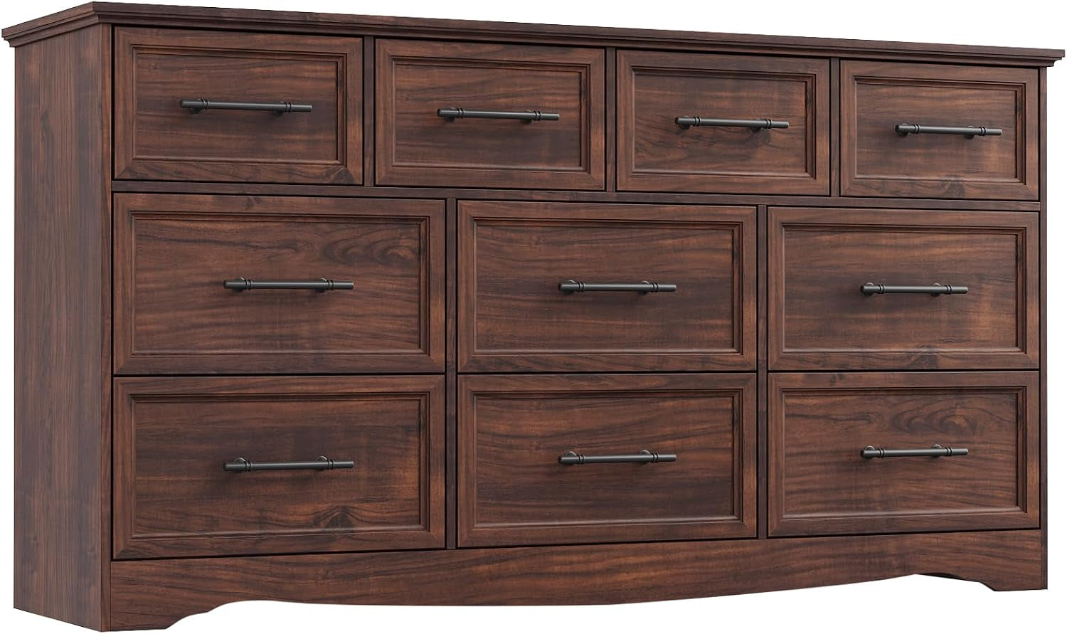 Front view of a nine-drawer wooden dresser in warm brown finish with black metal pulls.