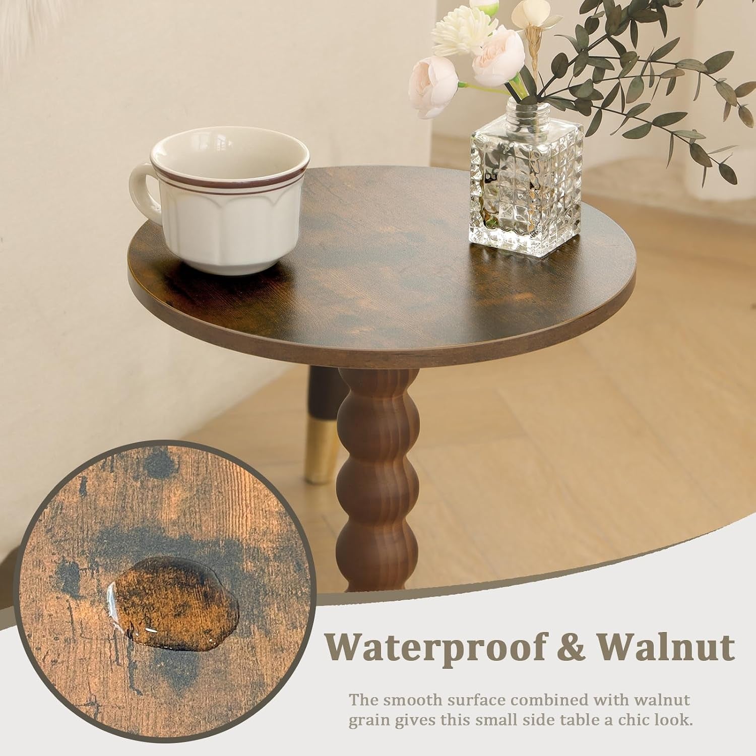 Close-up of round tabletop surface showing walnut-grain finish and water-resistant surface with a cup and vase