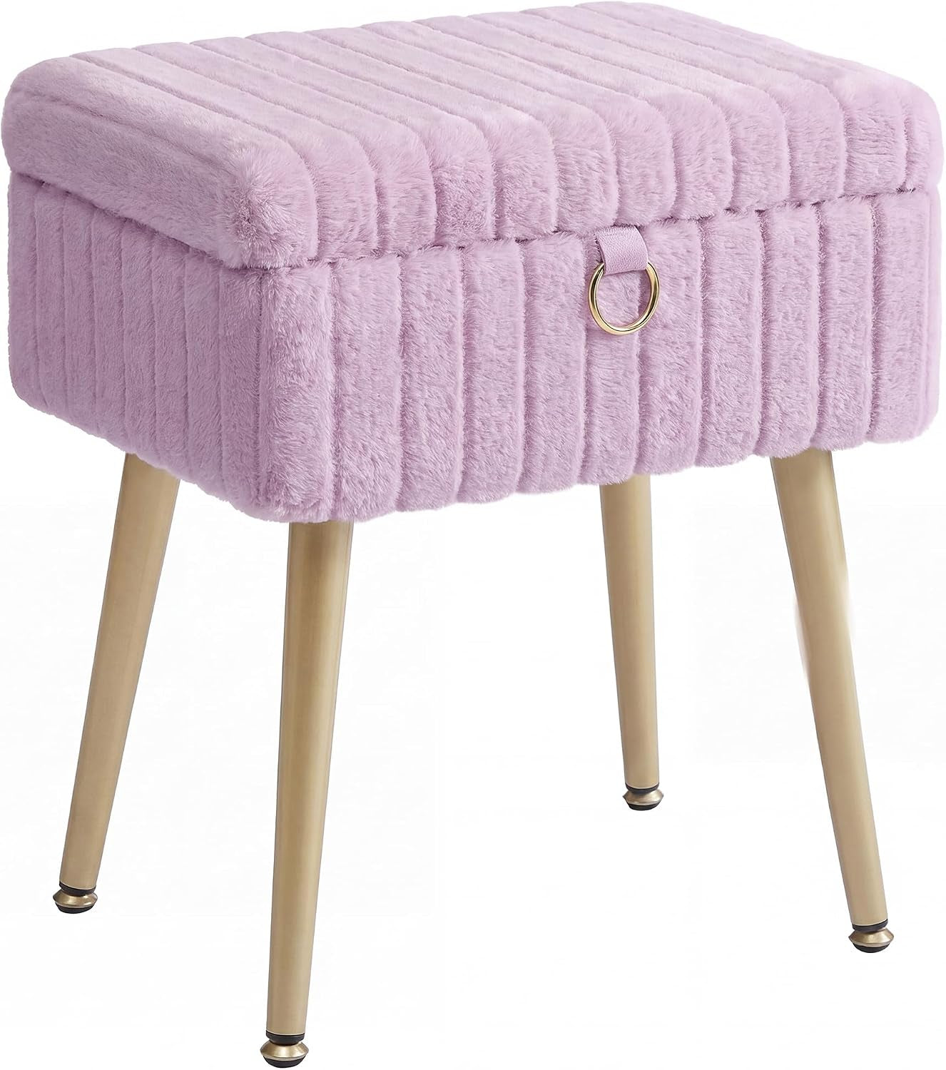 Three-quarter view of a short plush rectangular vanity stool in light pink with gold tapered legs and a small gold ring on