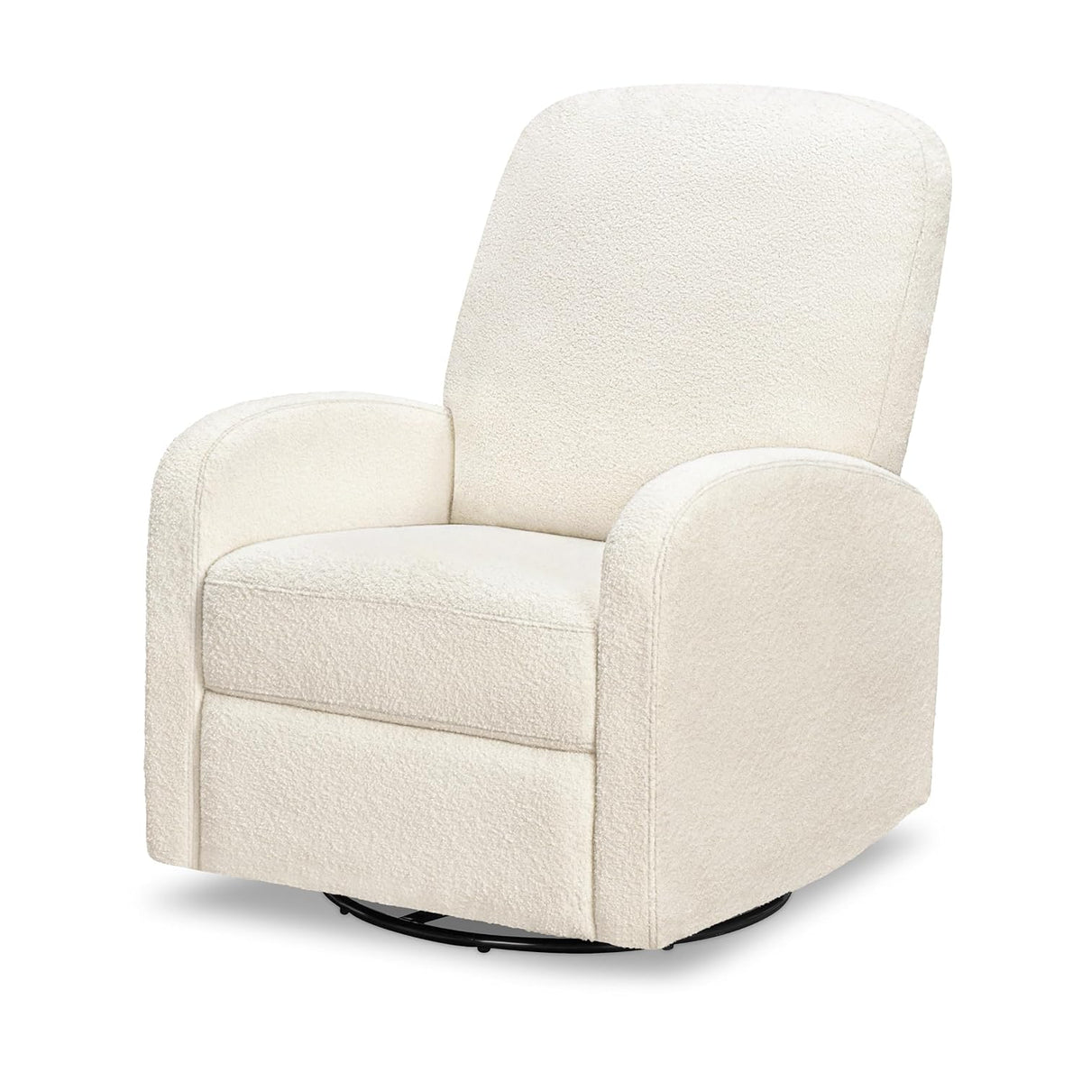 Angled front view of a cream boucle swivel recliner on a white background.