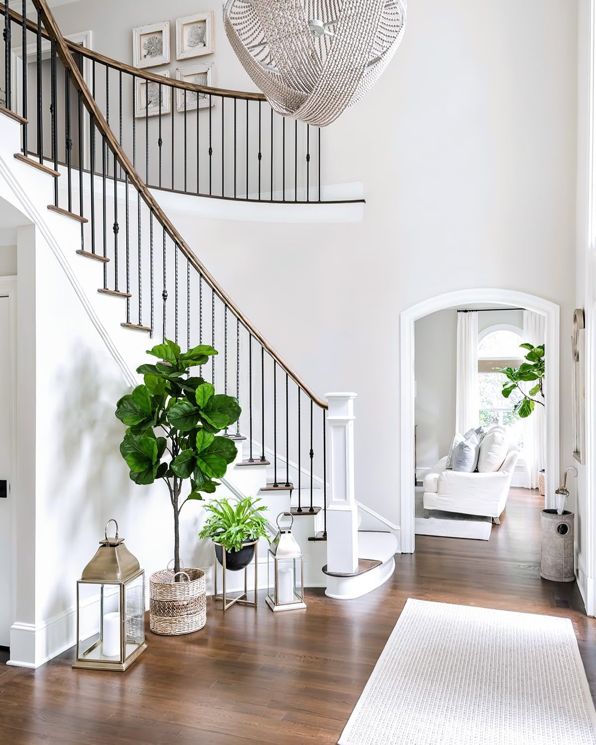 Tall fiddle-leaf fig staged at the base of a curved staircase alongside lanterns and a woven plant basket