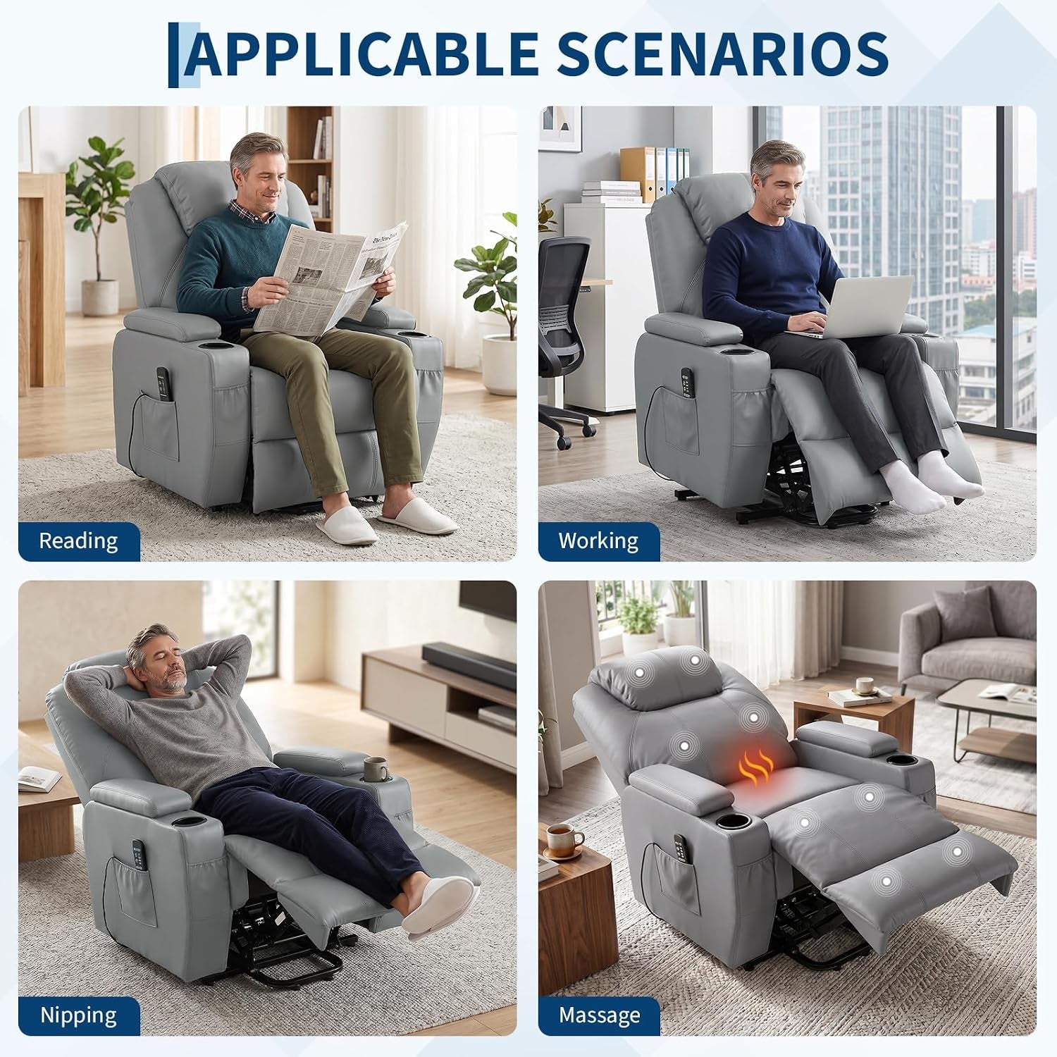 Four-panel collage showing the grey recliner used for reading, working, napping and massage scenarios