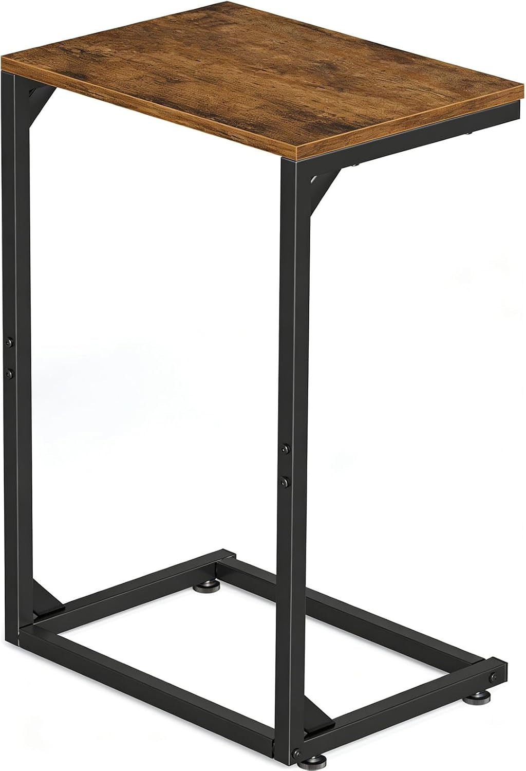 Small C-shaped side table with rustic brown rectangular top and black metal frame, angled view