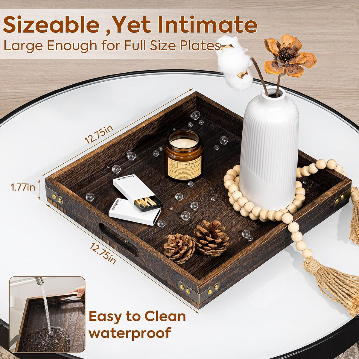 Square wooden tray on a round glass table with measurement overlays reading 12.75in and 1.77in and a white vase on top