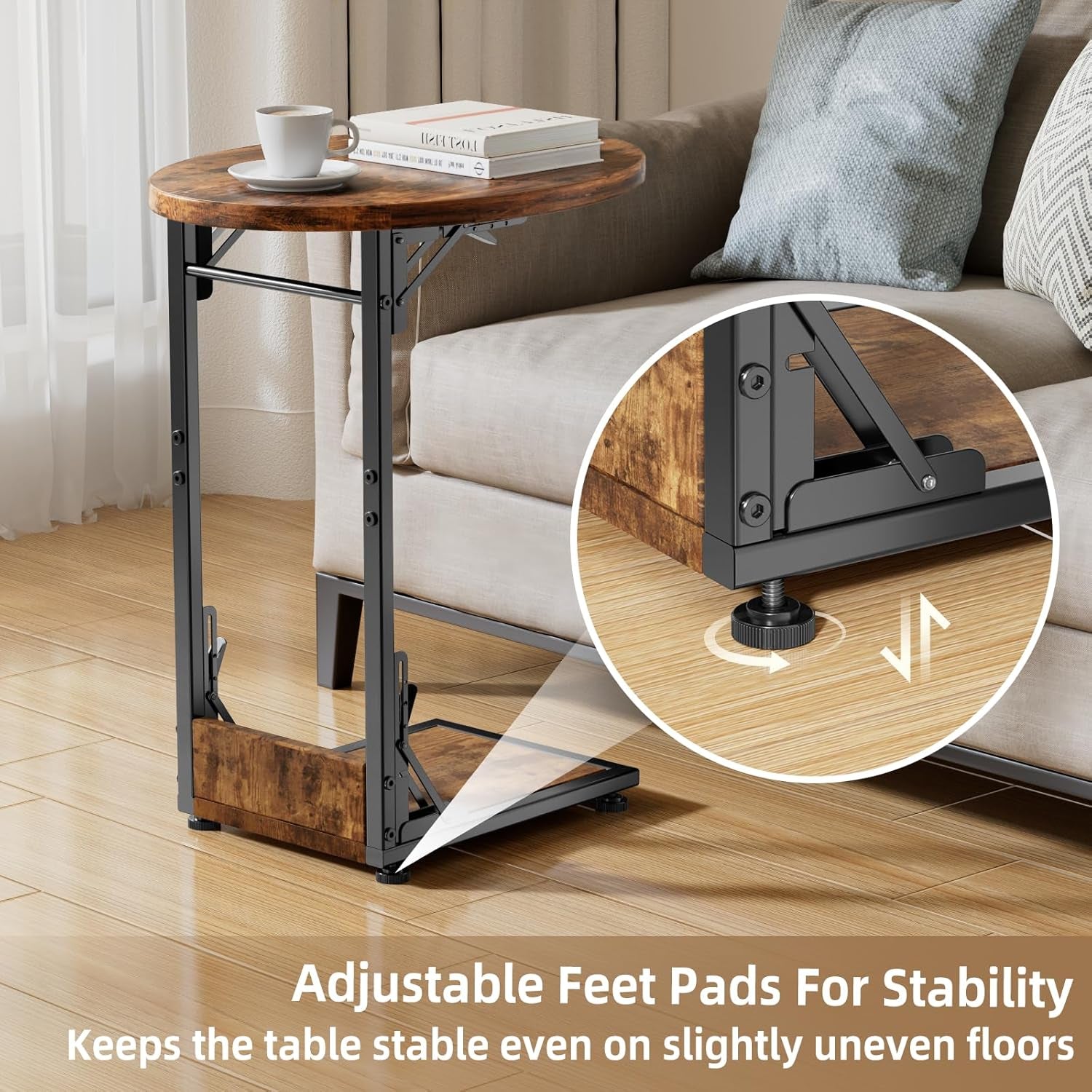 Detail of adjustable feet pad on the metal base and lower shelf in wood finish