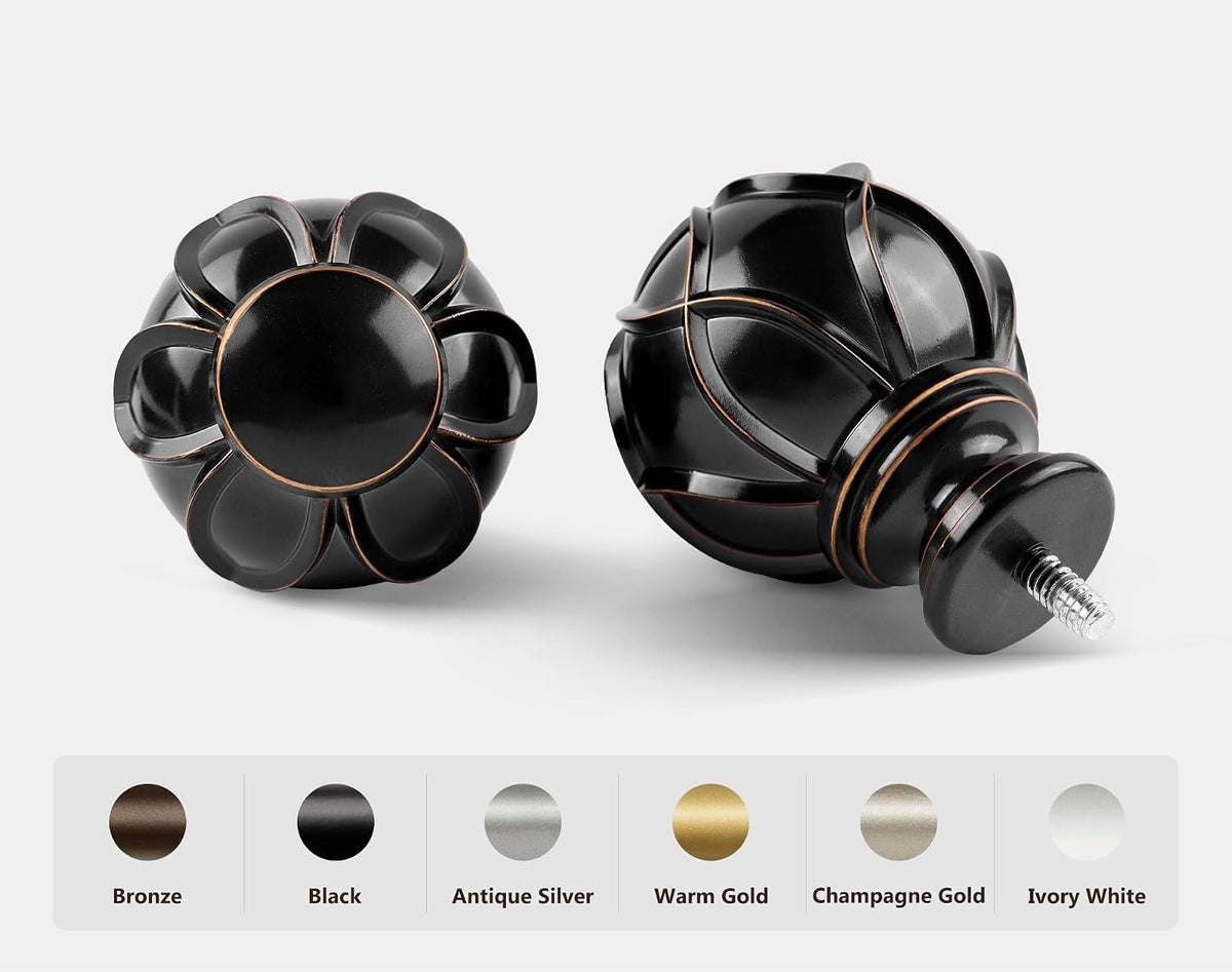 Two decorative finials shown from different angles on a white background with color sample swatches below.
