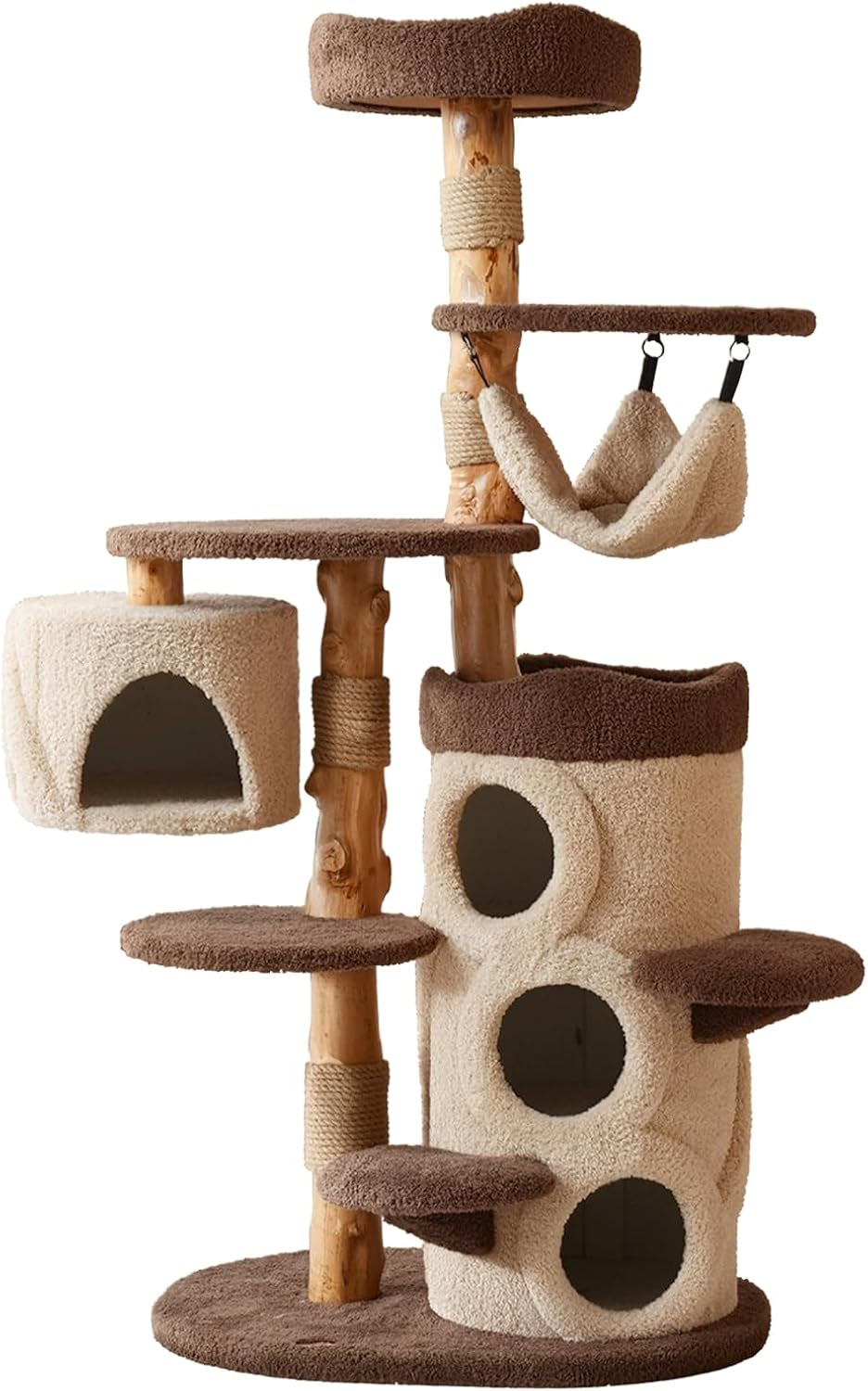Brown and beige multi-level cat tree with three condos, platforms, hammock and natural wood posts.
