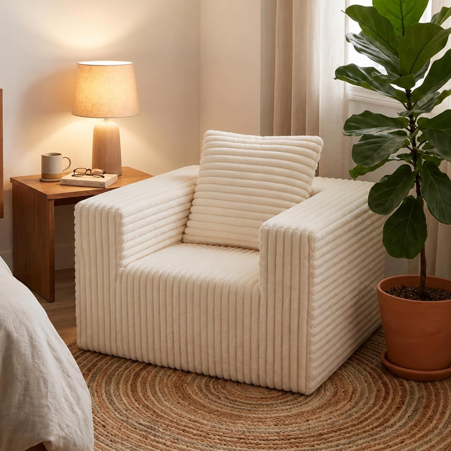 Cream corduroy floor chair with matching square cushion on a round woven rug next to a wooden nightstand and potted plant.