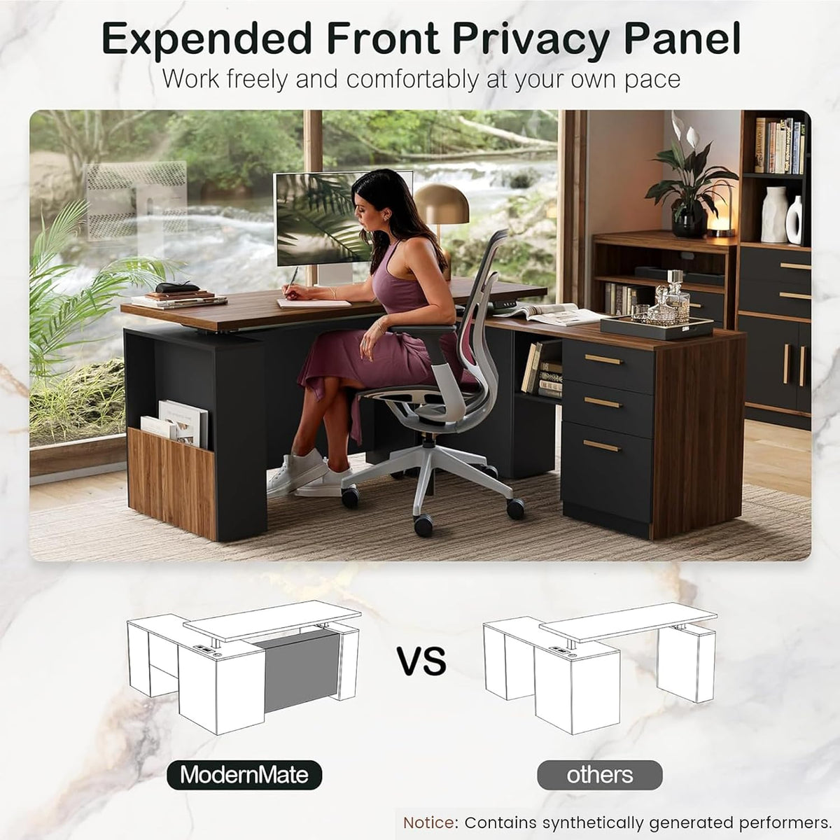 Person seated at the L-shaped desk illustrating the expanded front privacy panel and workspace setup