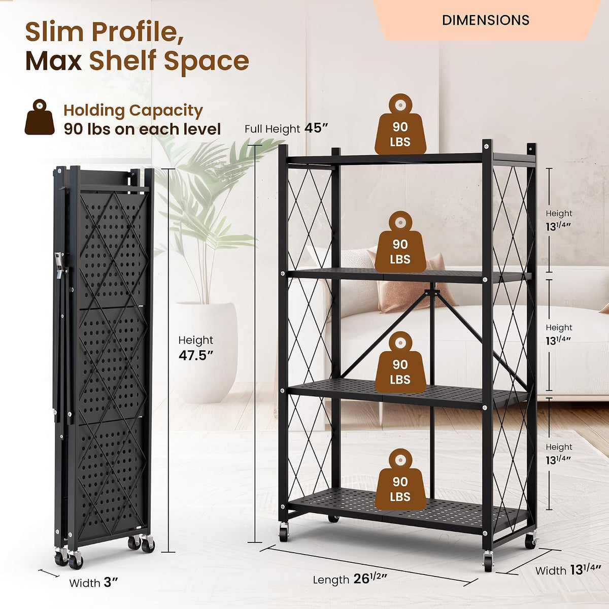 Black shelving unit with dimension callouts showing 47.5" height, 28" width and 3" folded width