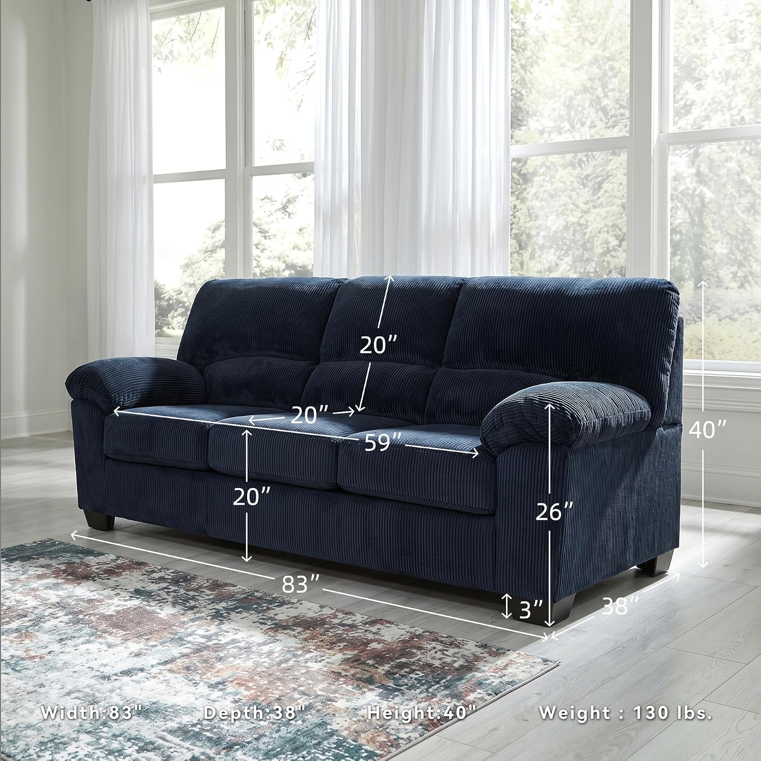 Signature Design by Ashley Sofa, 83-In Navy Corduroy, Anti-Sag Platform | No Assembly Required, Anti-Sag Platform Foundation, Plush Fiber-Wrapped Foam Cushions, Fits 32-In Doorways, Simplejoy Series