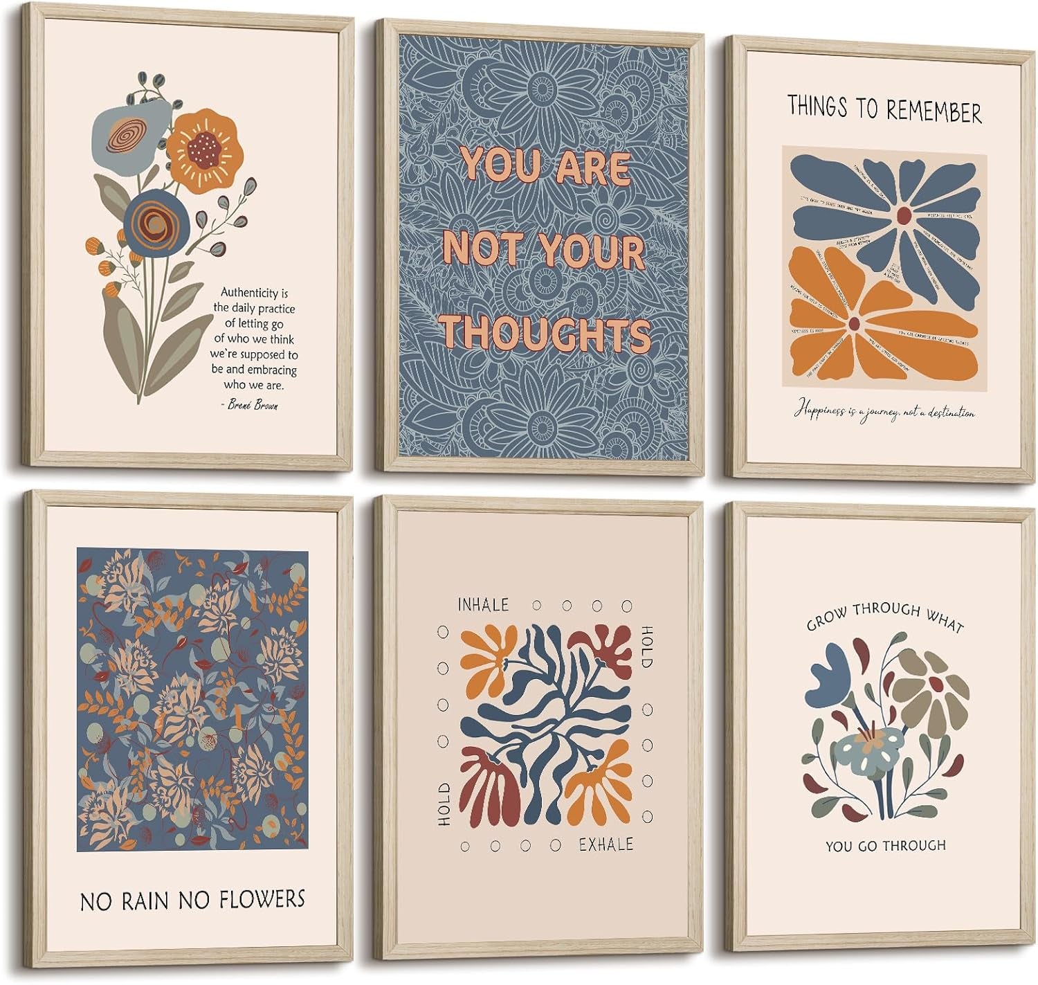 Six neutral-toned framed prints with floral and abstract designs in a two-row arrangement