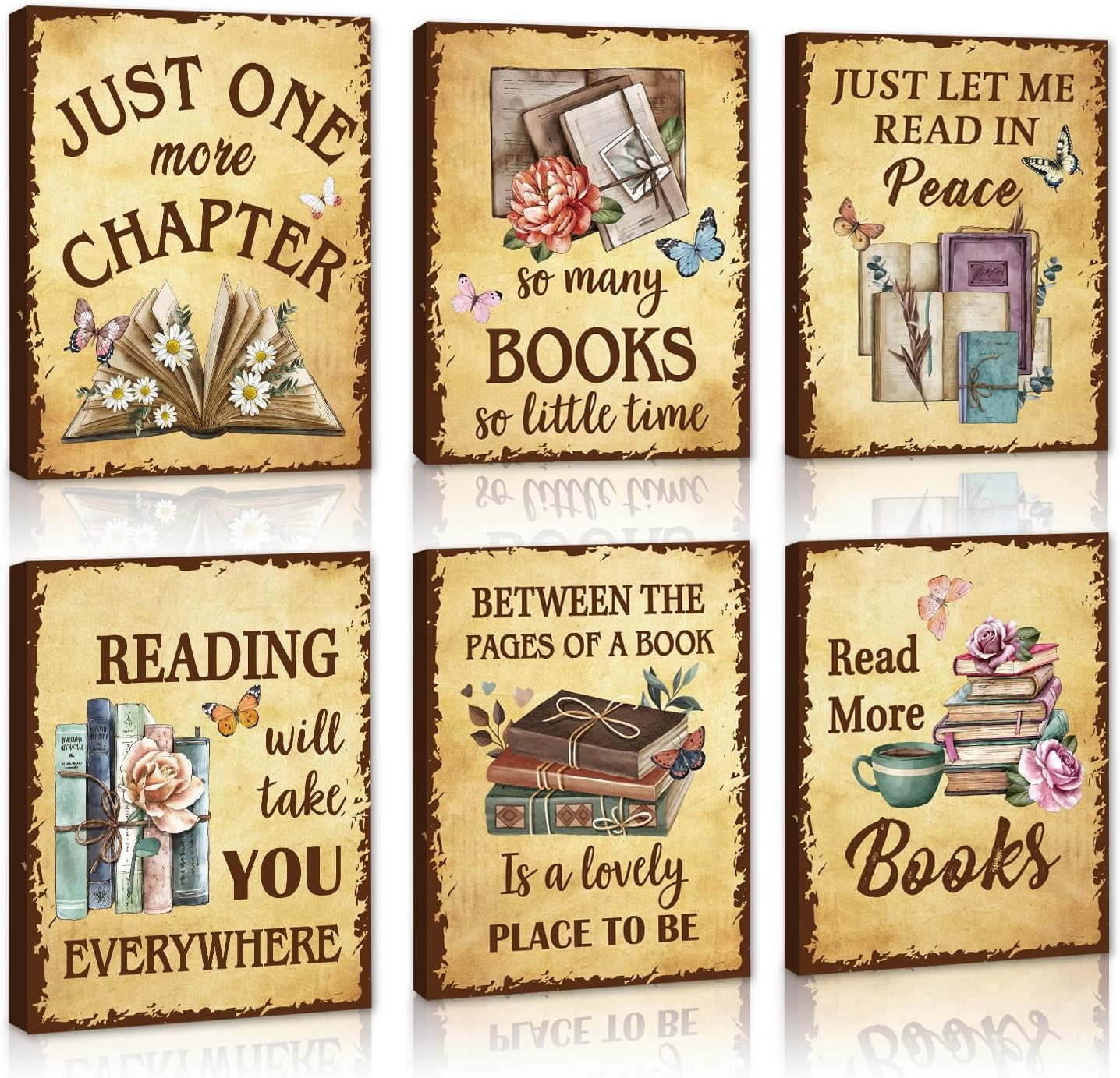 Six vintage-style reading prints on aged parchment background with books, flowers and butterflies.