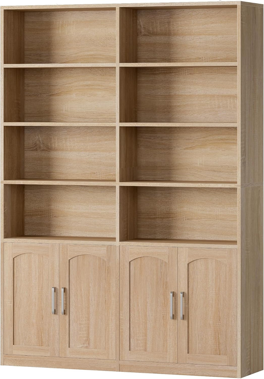 Unstyled light oak six-tier bookcase showing open shelves above and four doors below