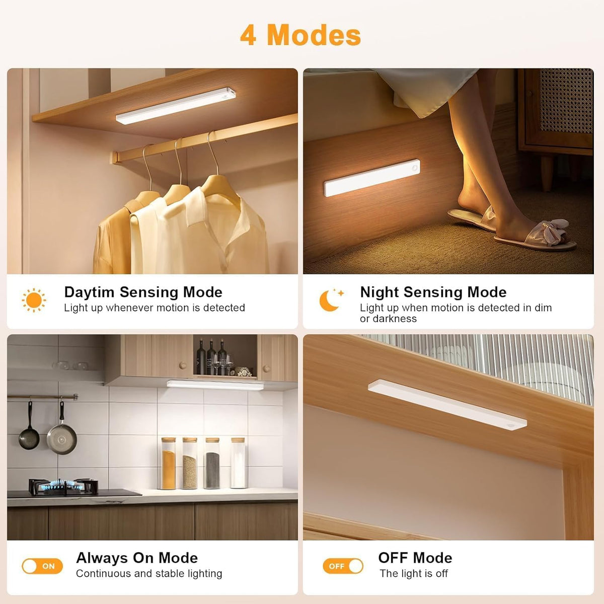 Four photos showing daytime closet, night step light, always-on kitchen undercabinet, and off mode examples