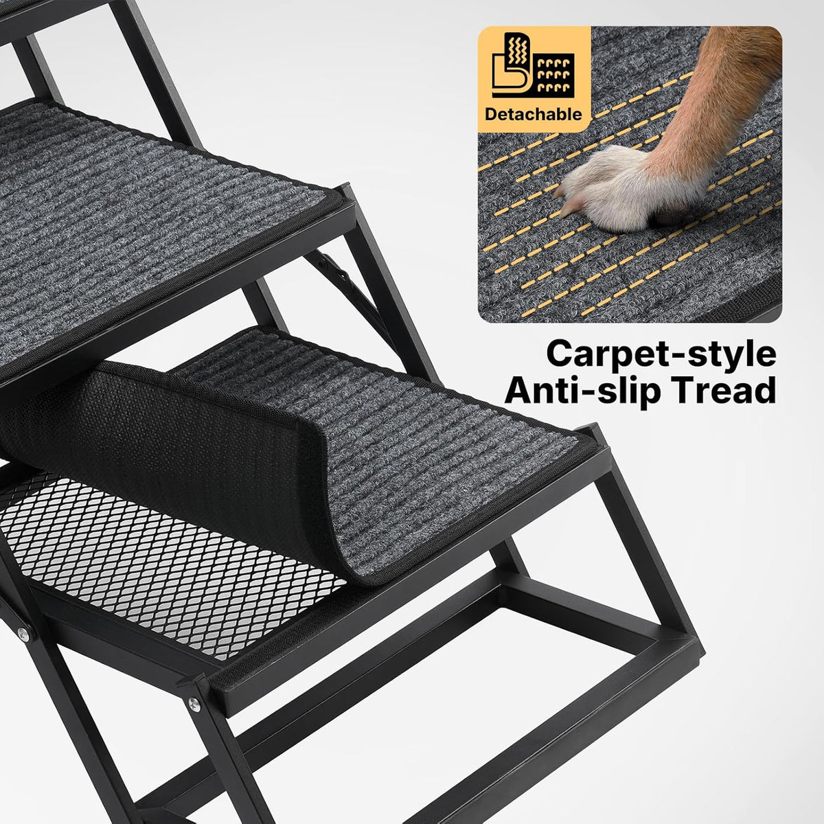 Close-up of a step showing removable carpet-style anti-slip tread being lifted to reveal mesh underneath