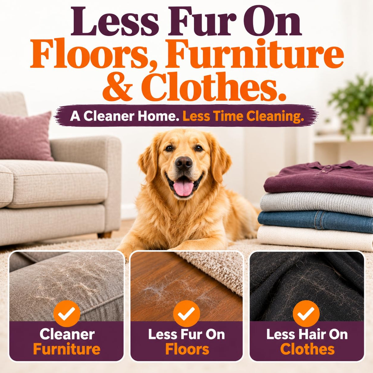 Golden retriever in a living room above panels illustrating cleaner furniture, floors and clothing with pet hair examples