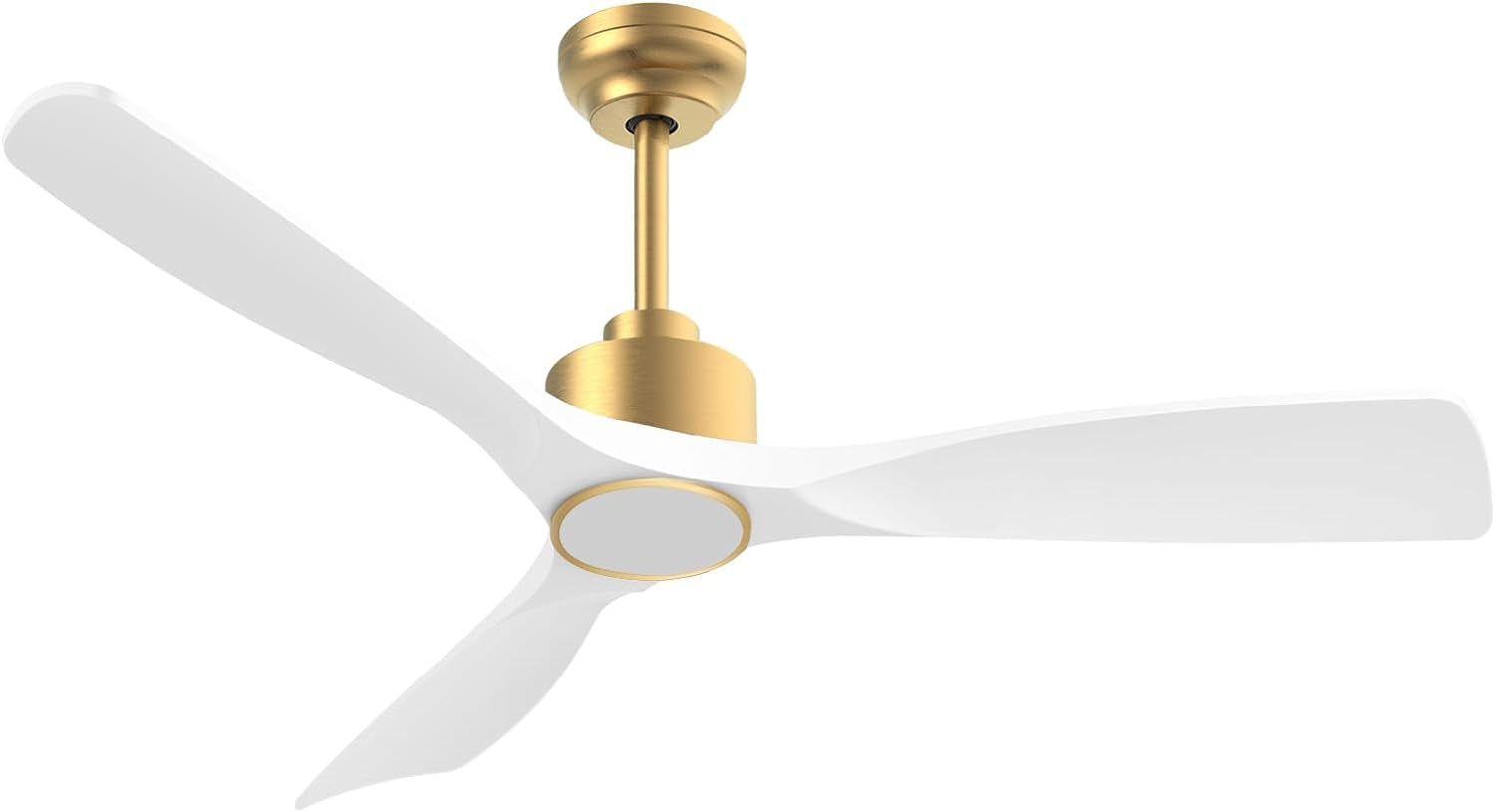 White three-blade ceiling fan with gold motor canopy and short downrod angled close-up