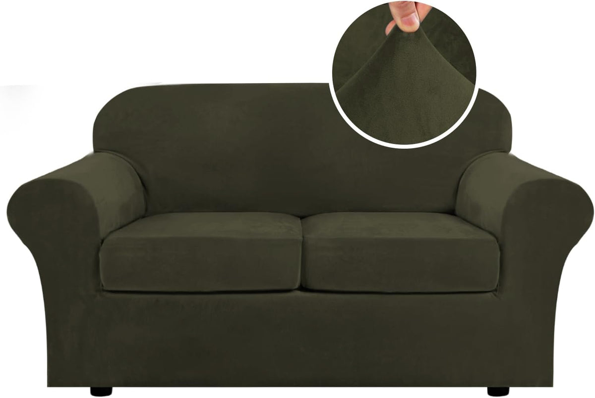 Front-facing two-seat loveseat-style view in deep olive-green stretch velvet with a round inset of the plush fabric pinched.