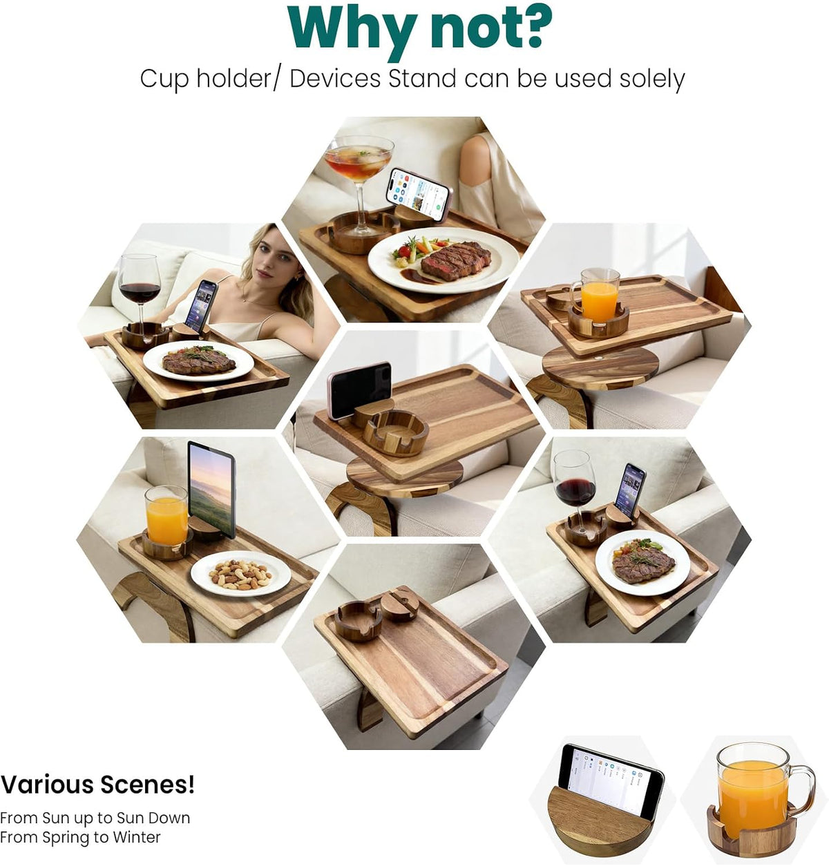 Hexagonal grid of small photos showing multiple setups of the tray and detachable holders on sofa arms and tables in