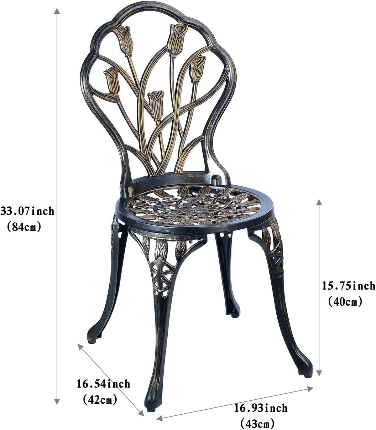 Single metal chair with ornate tulip-style openwork back and pierced round seat shown from an angled front view.