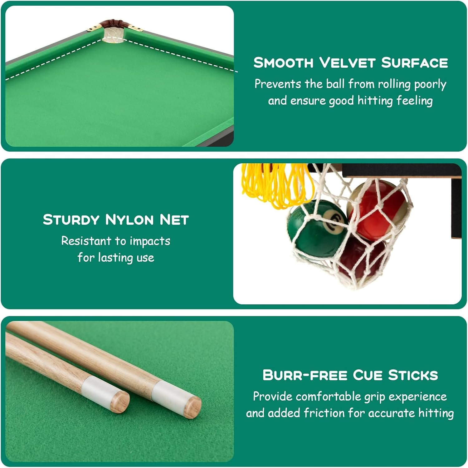 Four panels showing smooth green felt corner, nylon pocket net with balls, and two wooden cue tips