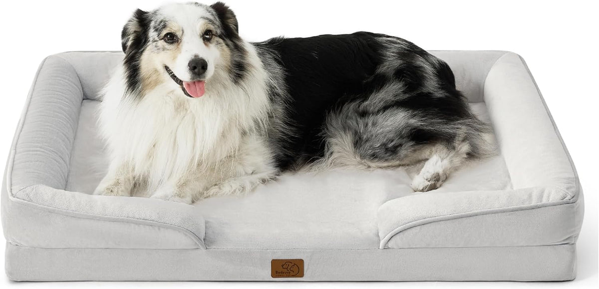 Large black-and-white dog lying in a light gray rectangular bolster dog bed.