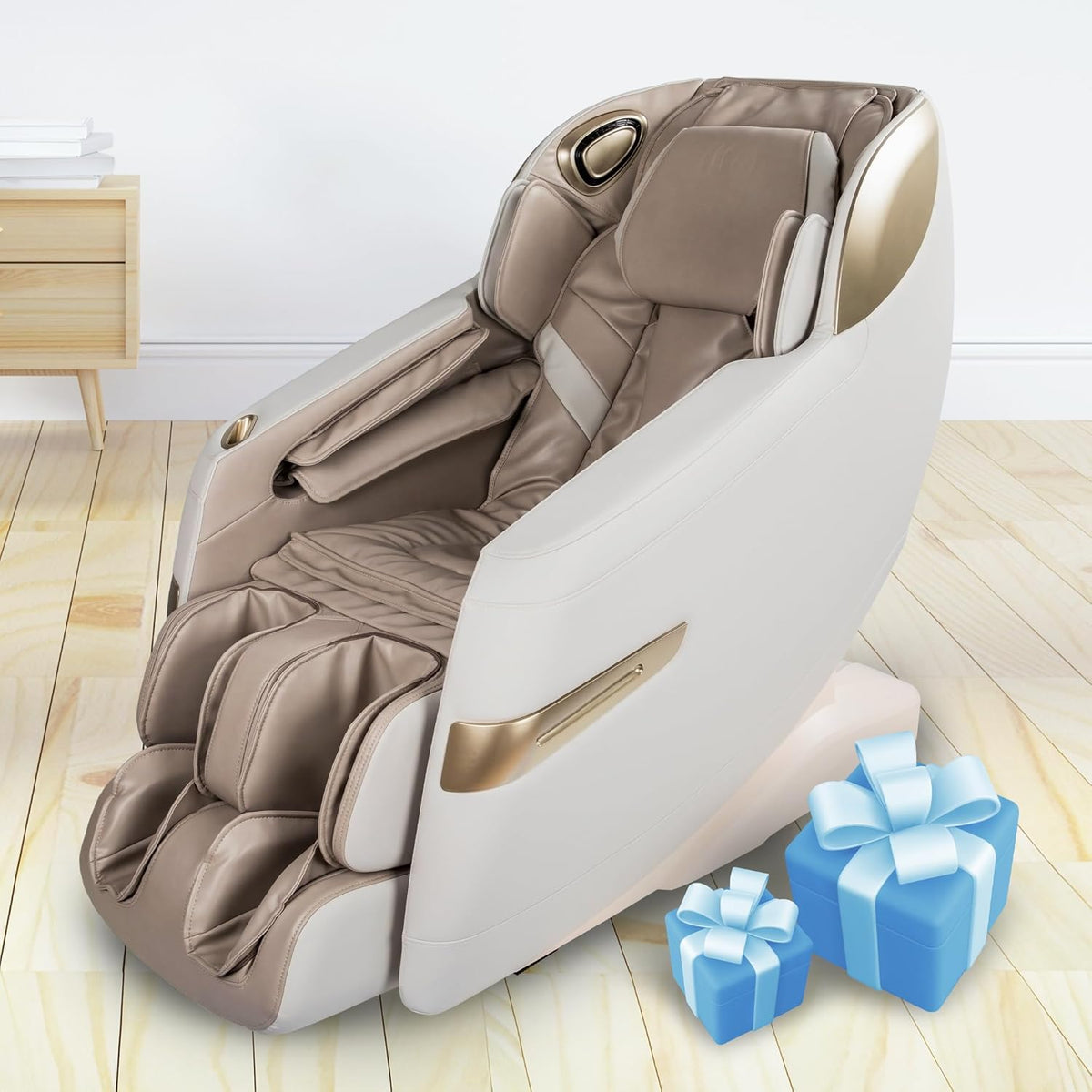 Close-up of taupe massage chair showing footrest, arm pad and gold side trim on a light wood floor with blue gift boxes