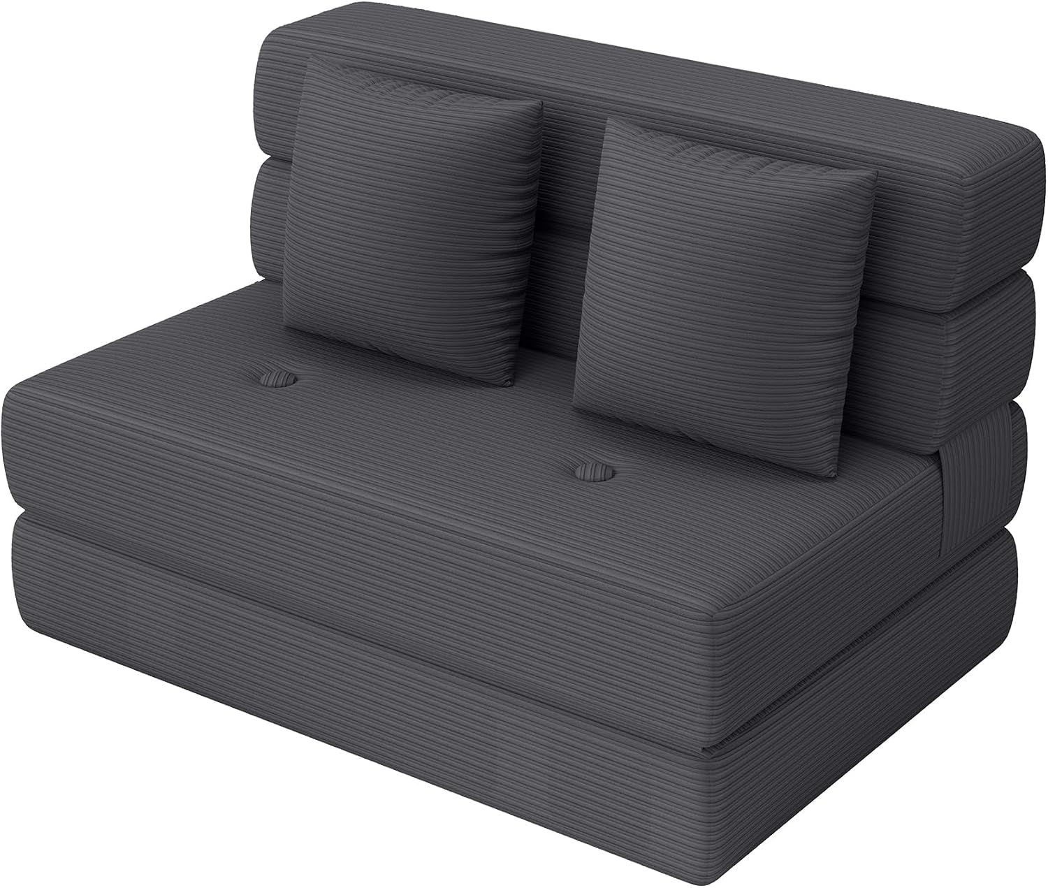 Single-seat folding sofa in dark gray corduroy with two square back cushions.