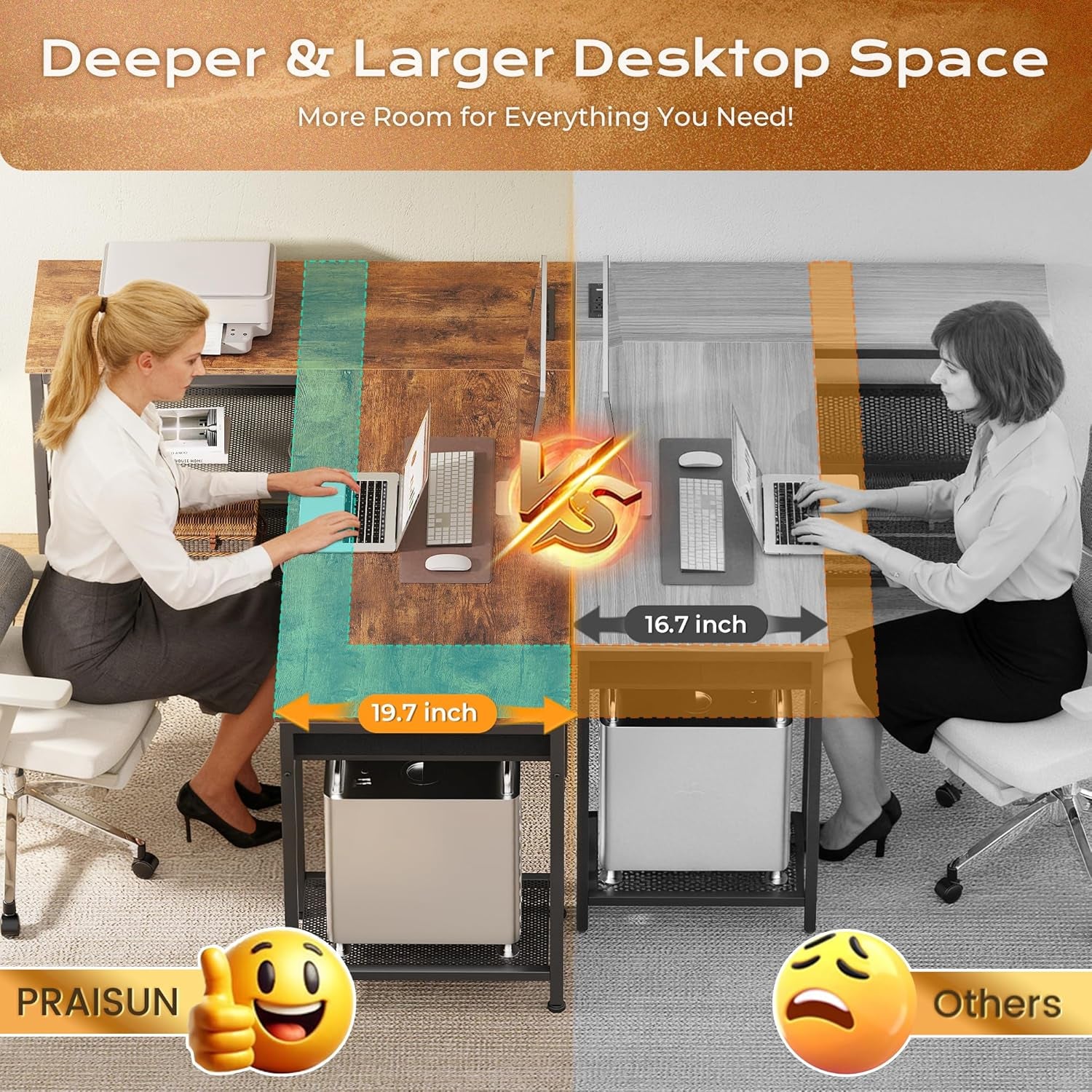 Graphic comparison highlighting the desk's 19.7-inch extra-deep desktop in rustic brown versus a shallower surface