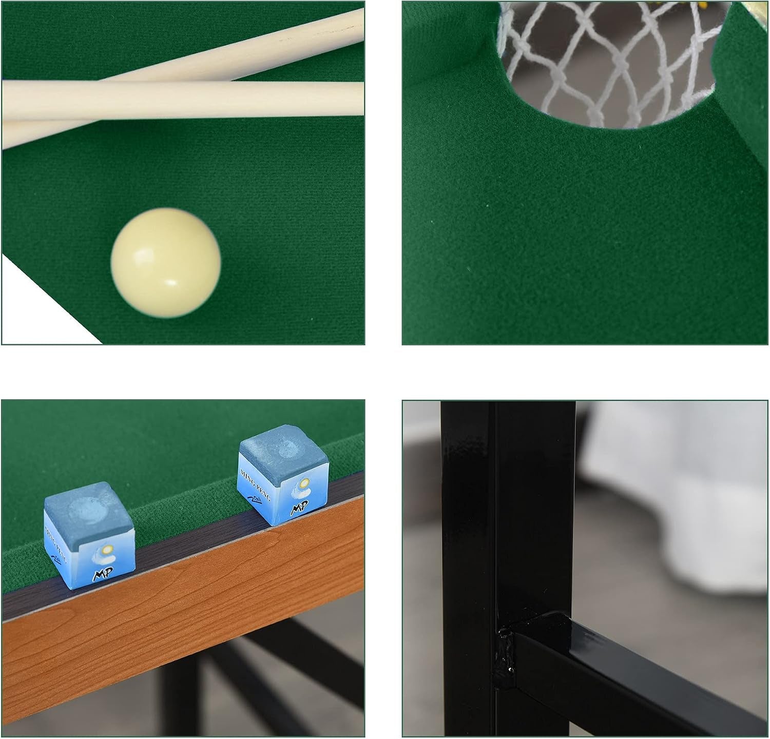 Close-up collage of cue and cue ball on green felt, pocket mesh, chalk cubes and a metal leg detail