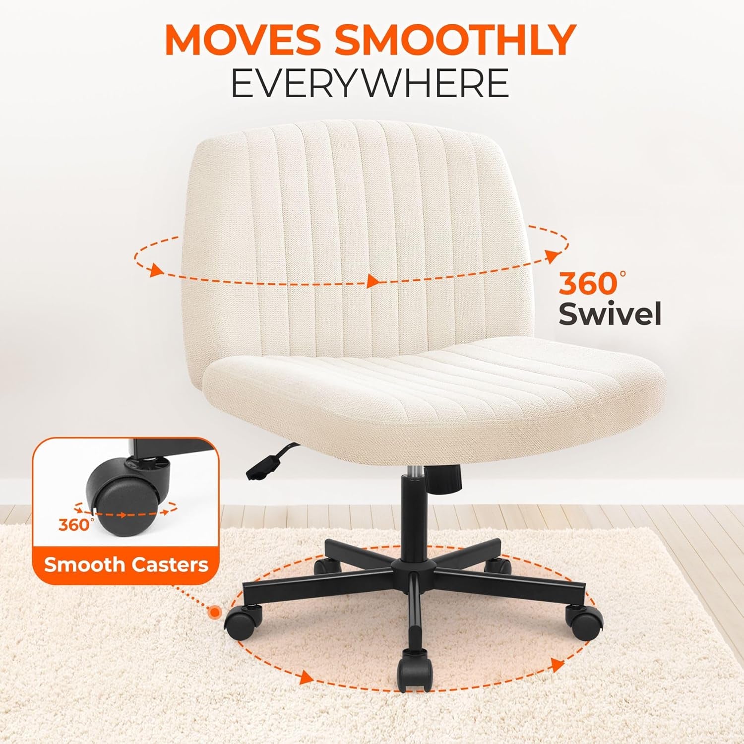 Angled view of a cream armless swivel chair on casters showing 360° swivel and smooth caster detail on a white background